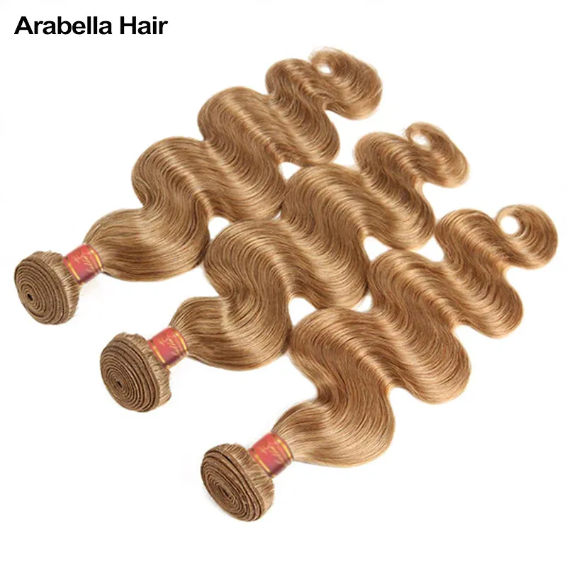 {12A 3Pcs} Light Brown Color #27 Colored Virgin Body Wave 3 Bundles Human Virgin Hair Extensions