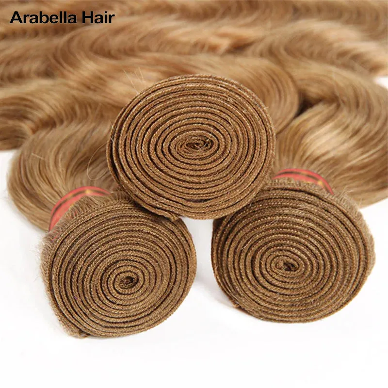 {12A 3Pcs} Light Brown Color #27 Colored Virgin Body Wave 3 Bundles Human Virgin Hair Extensions