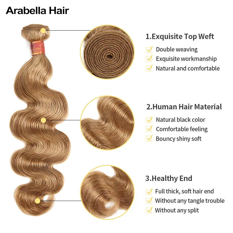 {12A 3Pcs} Light Brown Color #27 Colored Virgin Body Wave 3 Bundles Human Virgin Hair Extensions