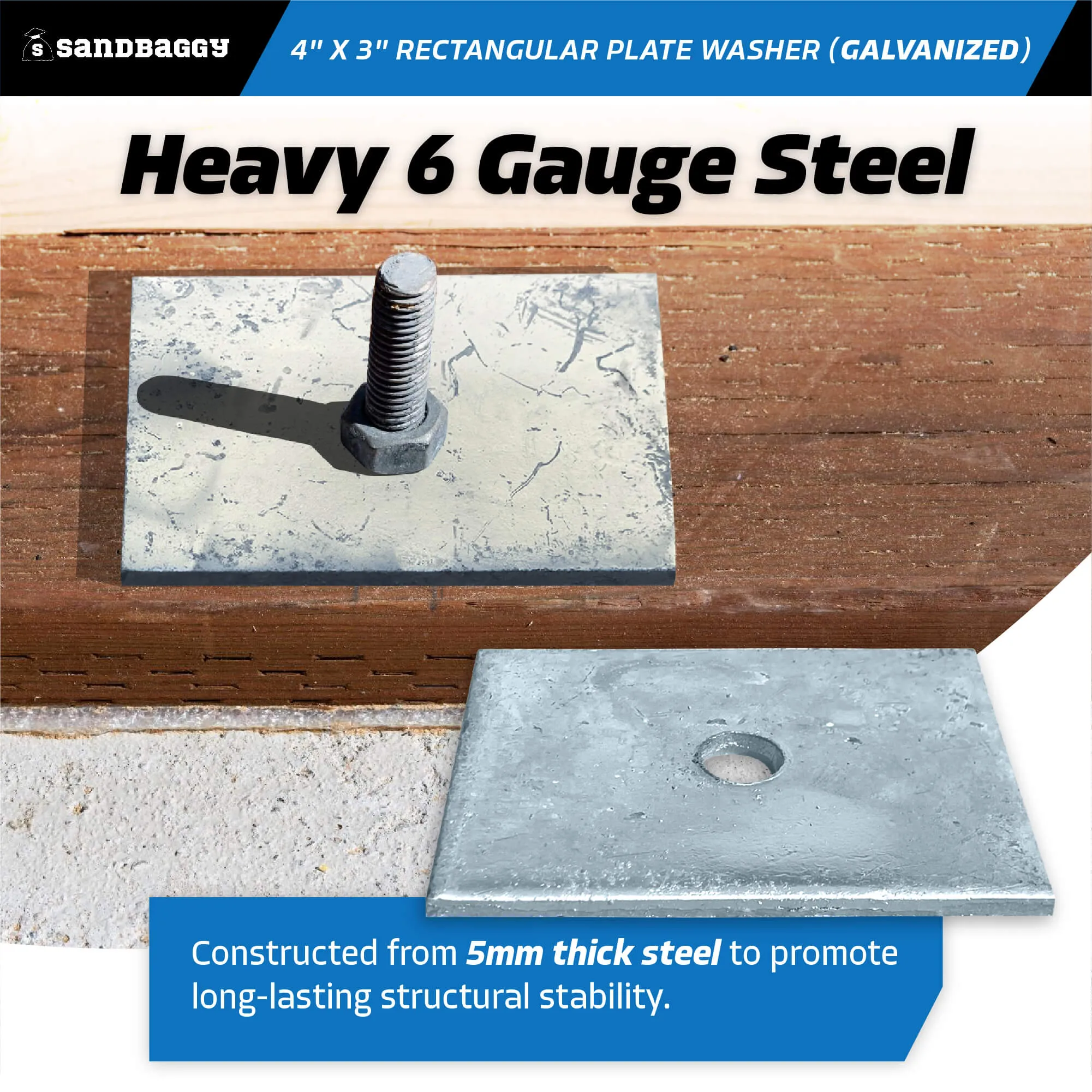 4" x 3" Rectangular Plate Washer (Galvanized) - 1/2" Anchor Bolt Diameter