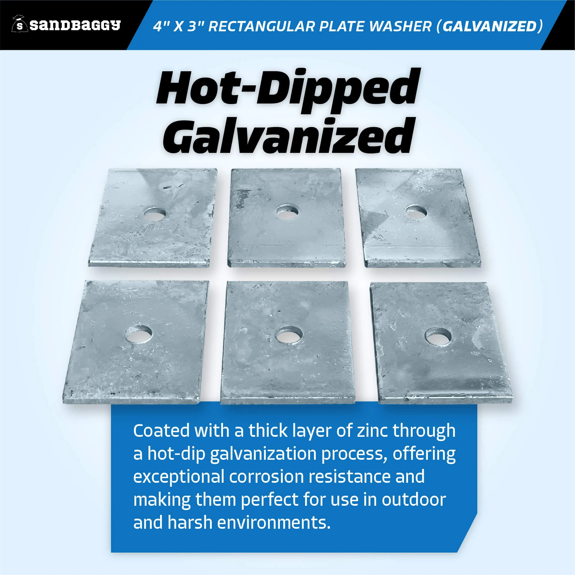4" x 3" Rectangular Plate Washer (Galvanized) - 1/2" Anchor Bolt Diameter