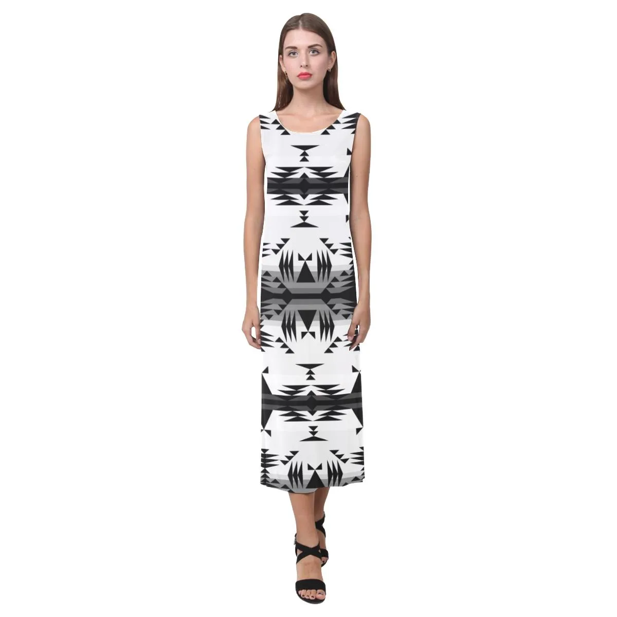 Between the Mountains White and Black Phaedra Sleeveless Open Fork Long Dress