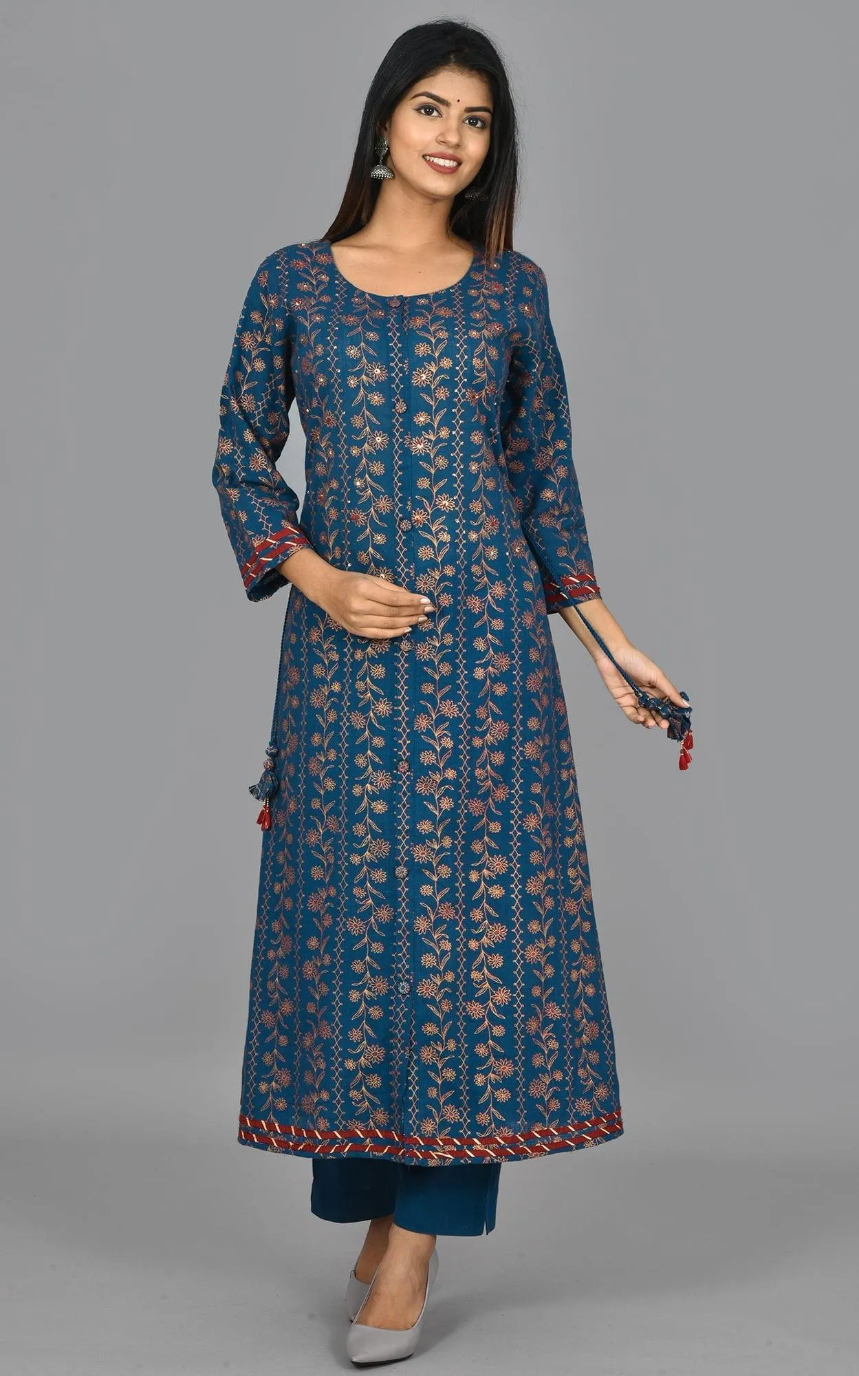 Blue Gold Print Long Kurta Pant Set