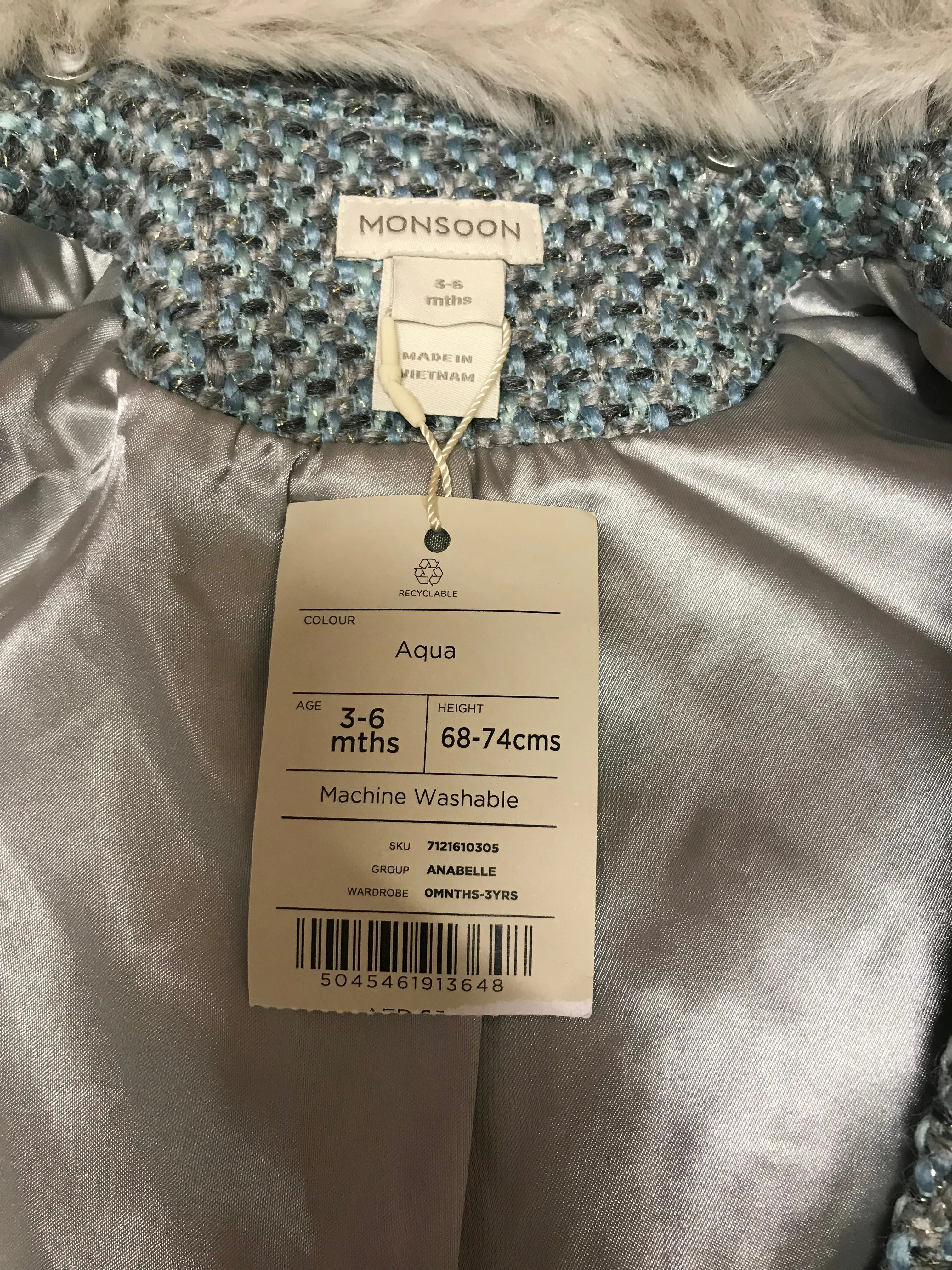 BNWT Monsoon Aqua Infant Coat 3-6Months