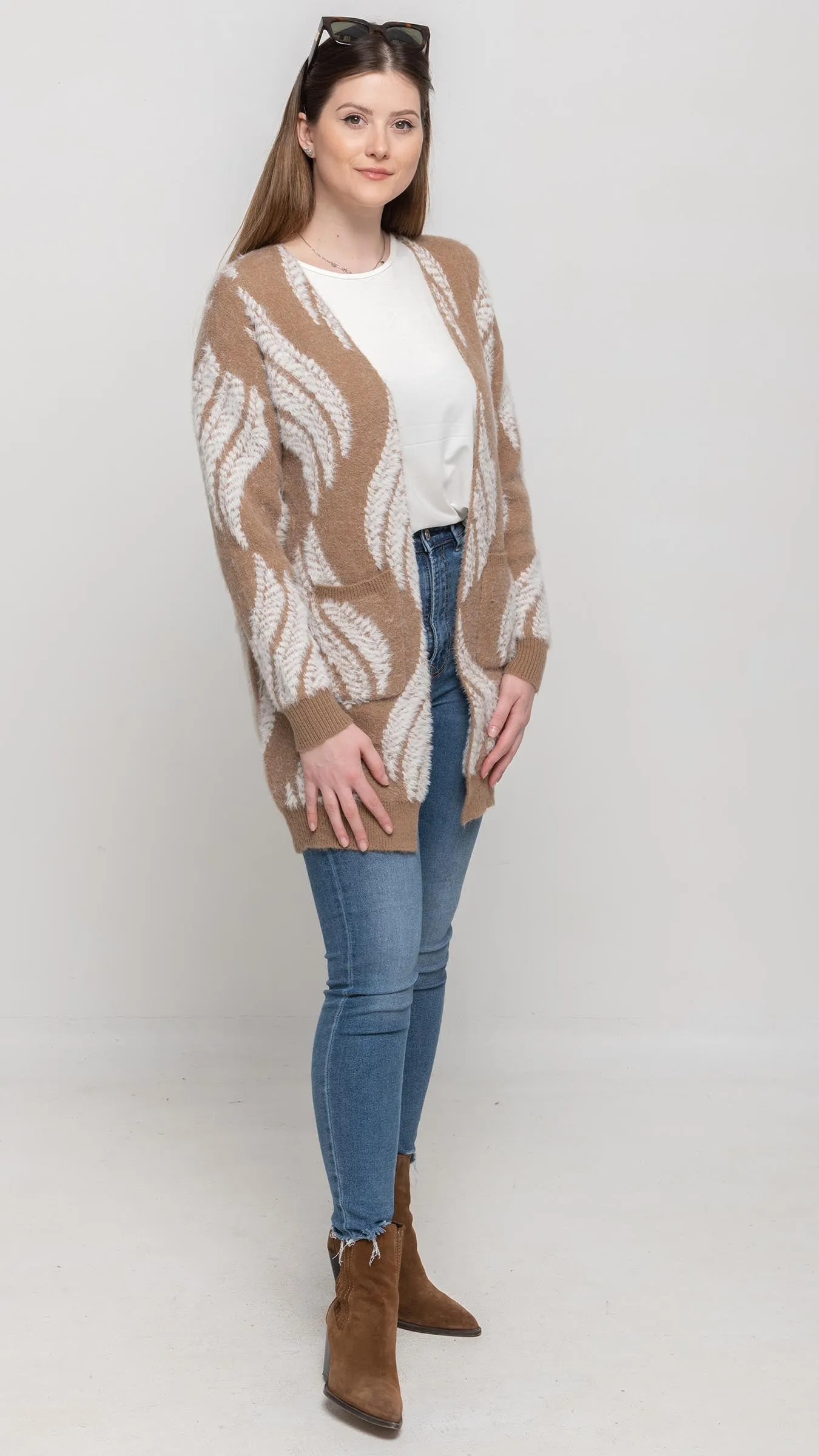 Cardigan Sweater in Brown and White Feather Printed