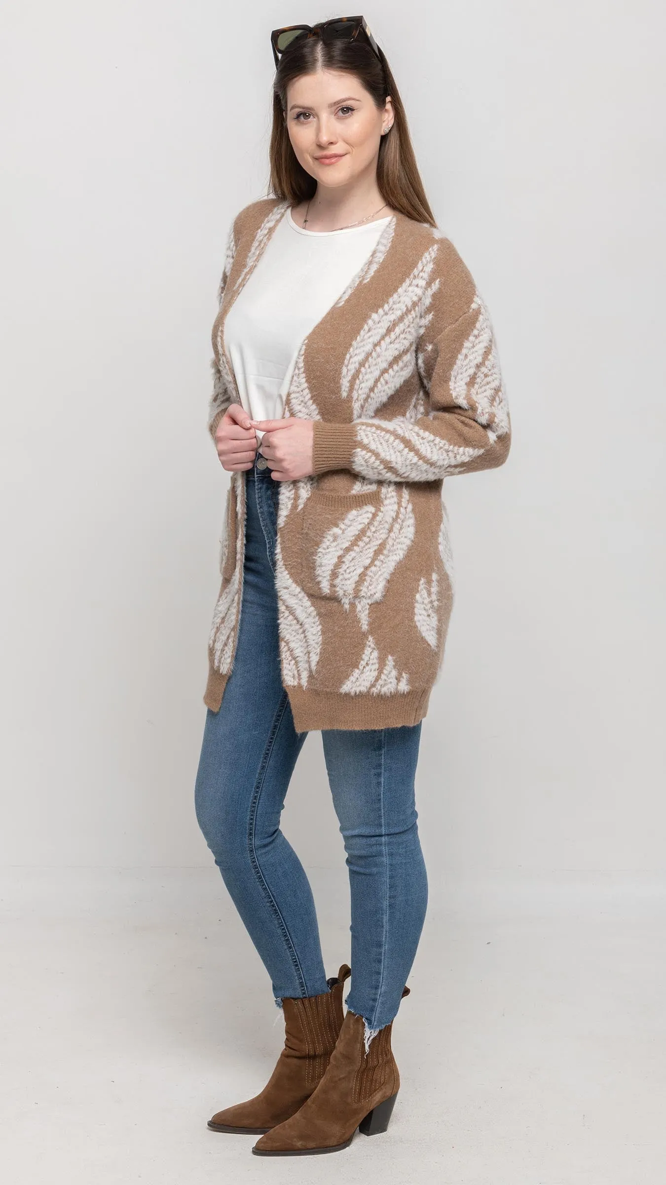 Cardigan Sweater in Brown and White Feather Printed