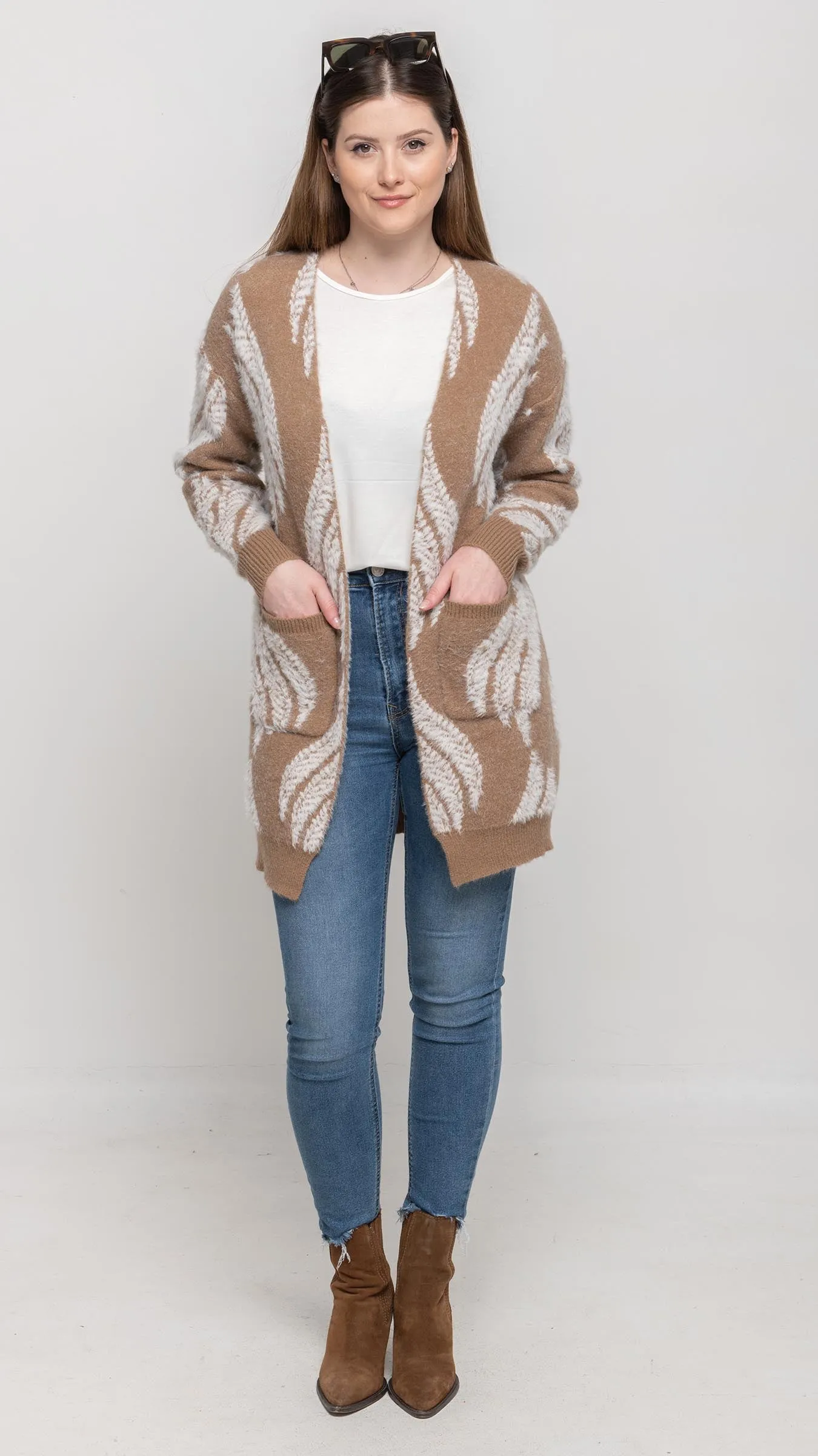 Cardigan Sweater in Brown and White Feather Printed