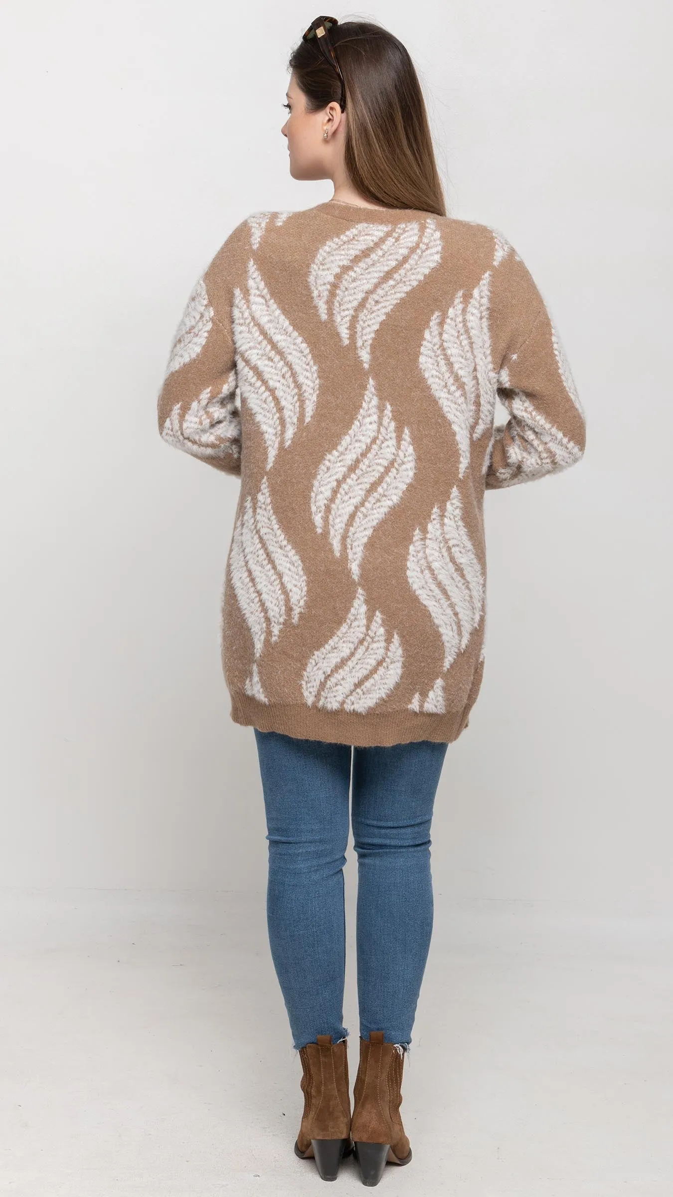 Cardigan Sweater in Brown and White Feather Printed