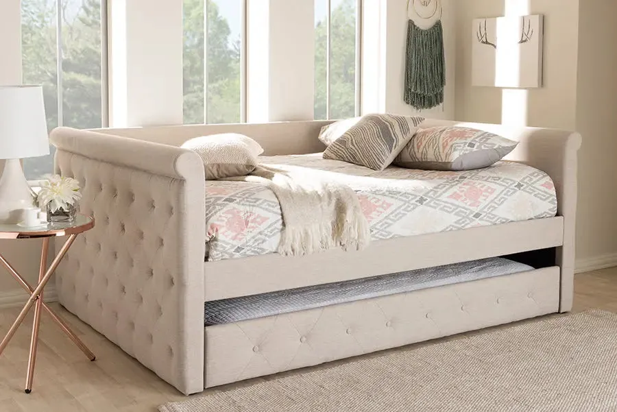 Carolina Light Beige Fabric Upholstered Queen Size Daybed w/Trundle