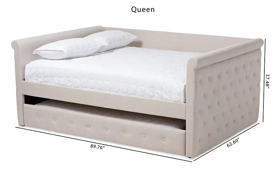 Carolina Light Beige Fabric Upholstered Queen Size Daybed w/Trundle