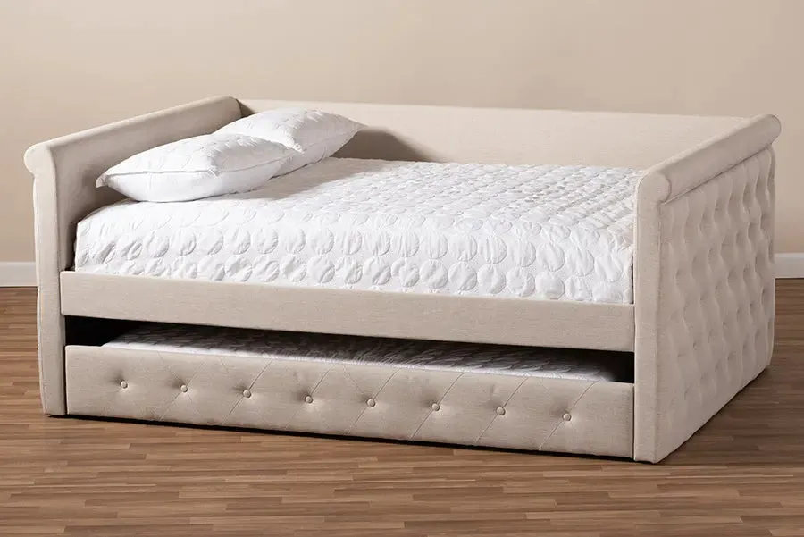 Carolina Light Beige Fabric Upholstered Queen Size Daybed w/Trundle