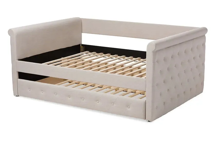 Carolina Light Beige Fabric Upholstered Queen Size Daybed w/Trundle