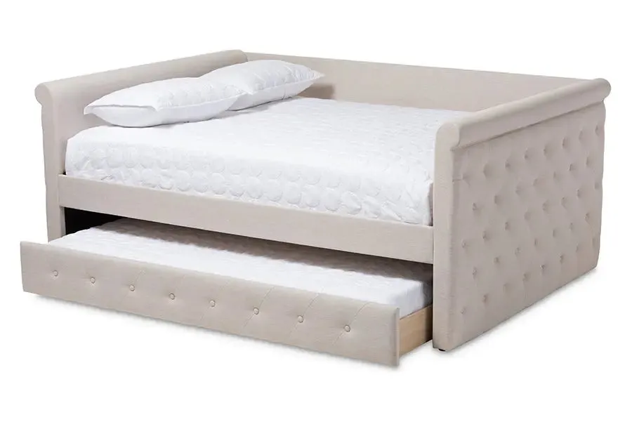 Carolina Light Beige Fabric Upholstered Queen Size Daybed w/Trundle