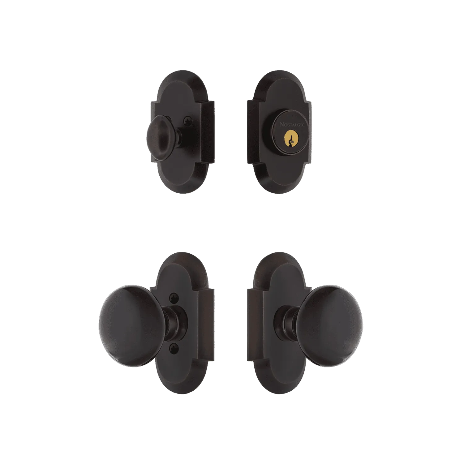 Cottage Entry Set with Black Porcelain Knob in Timeless Bronze