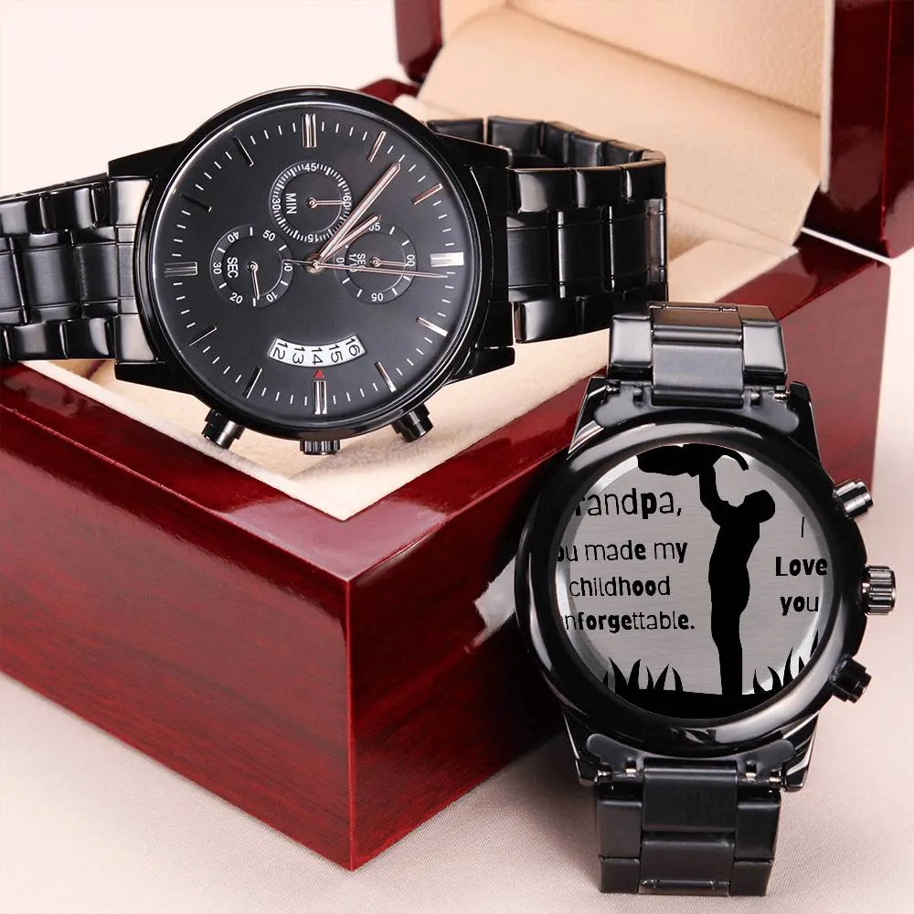 Engraved Black Chronograph Watch - Personalized Gift for Grandpa | Durable, Stylish, and Functional - Unforgettable Childhood