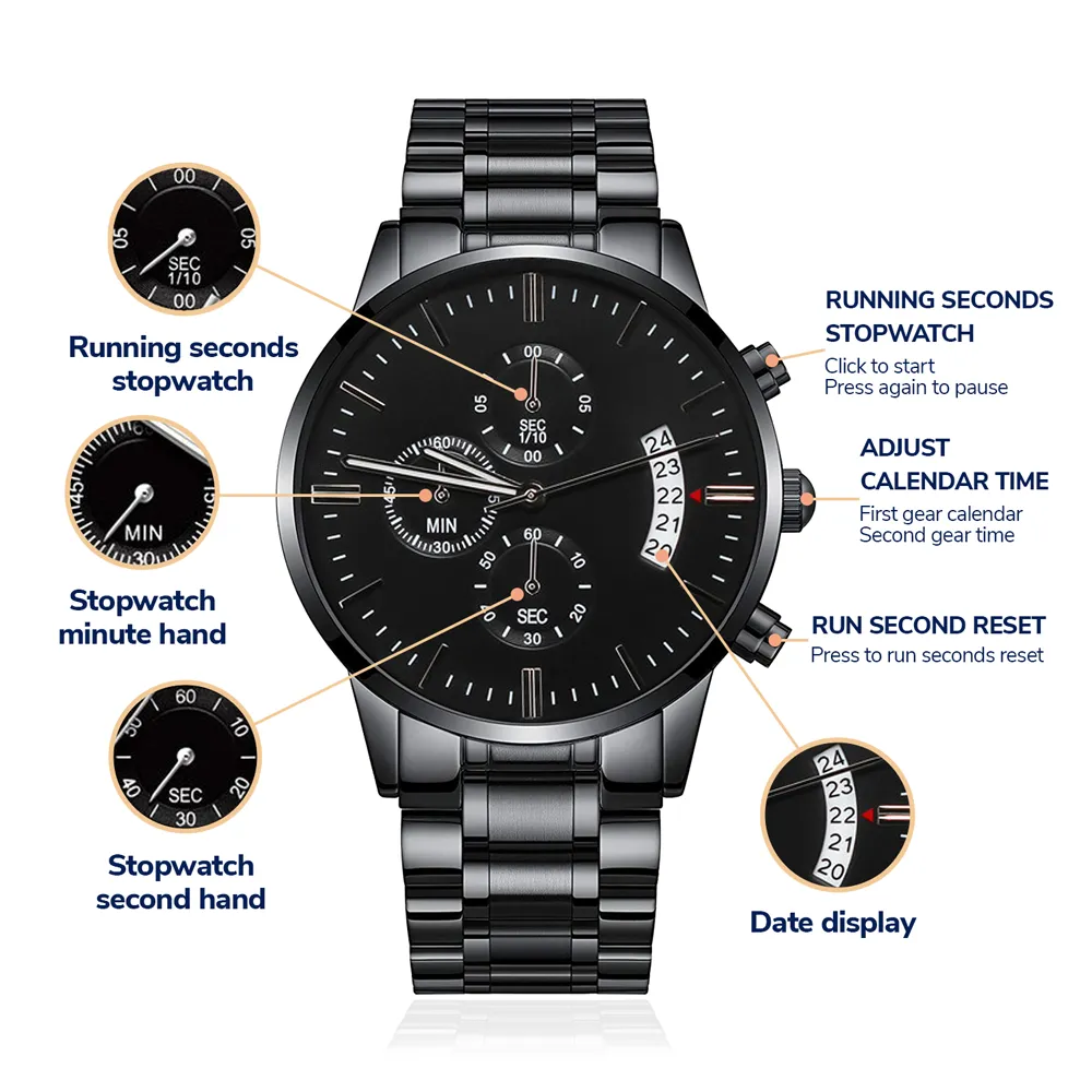 Engraved Black Chronograph Watch - Personalized Gift for Grandpa | Durable, Stylish, and Functional - Unforgettable Childhood