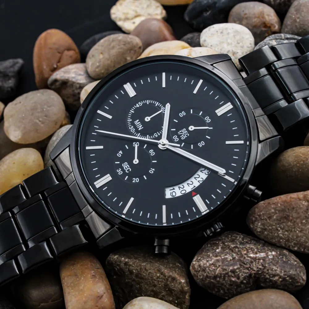 Engraved Black Chronograph Watch - Personalized Gift for Grandpa | Durable, Stylish, and Functional - Unforgettable Childhood