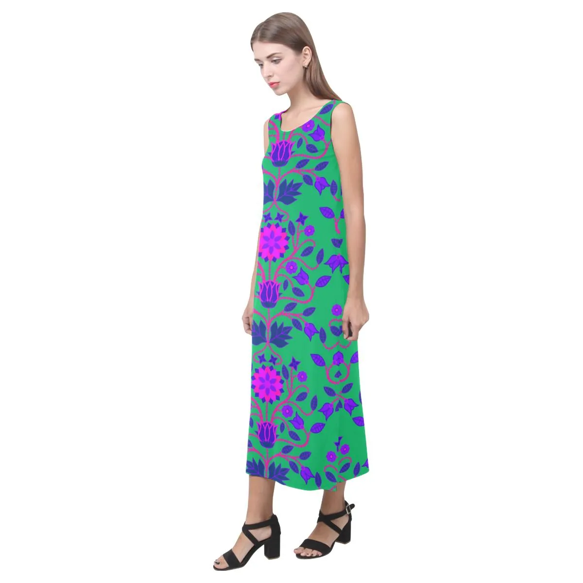 Floral Beadwork Four Clans Deep Lake Phaedra Sleeveless Open Fork Long Dress