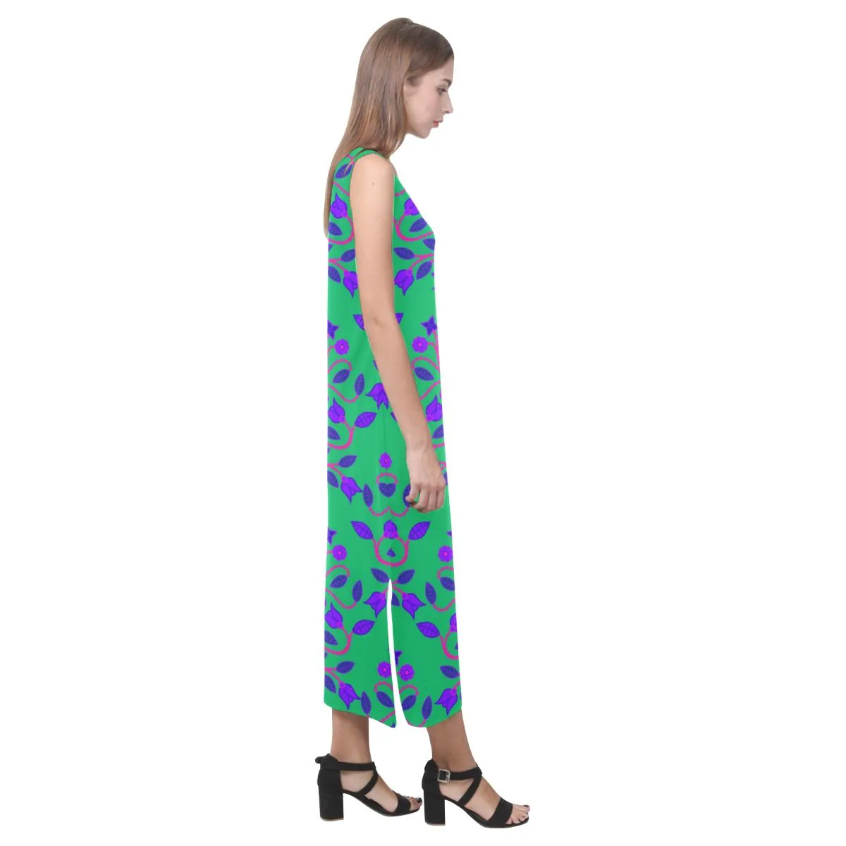 Floral Beadwork Four Clans Deep Lake Phaedra Sleeveless Open Fork Long Dress
