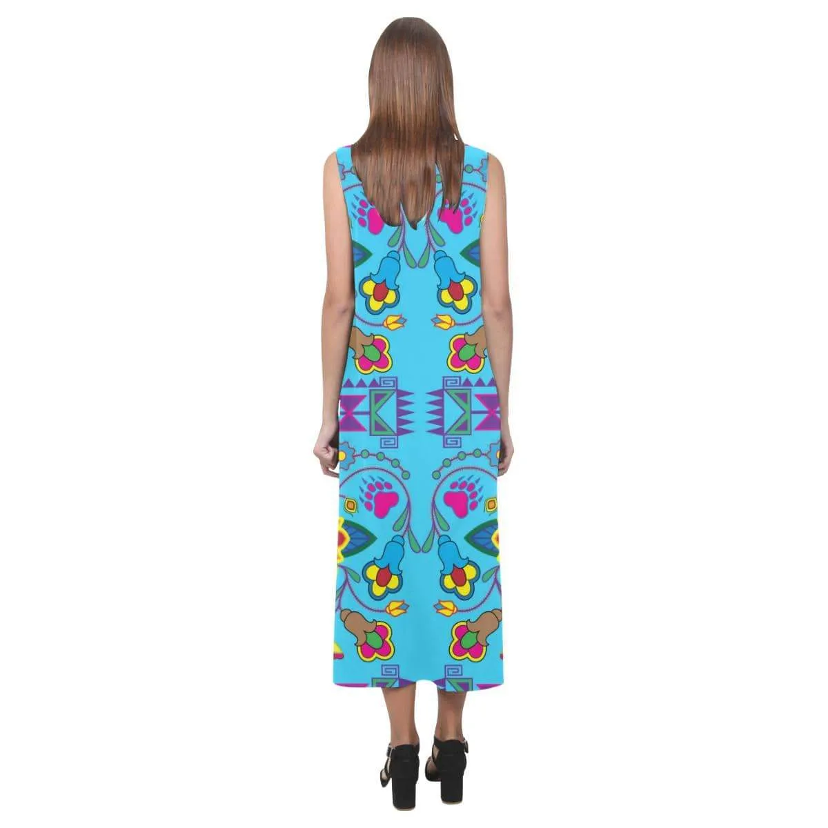 Geometric Floral Winter - Sky Blue Phaedra Sleeveless Open Fork Long Dress