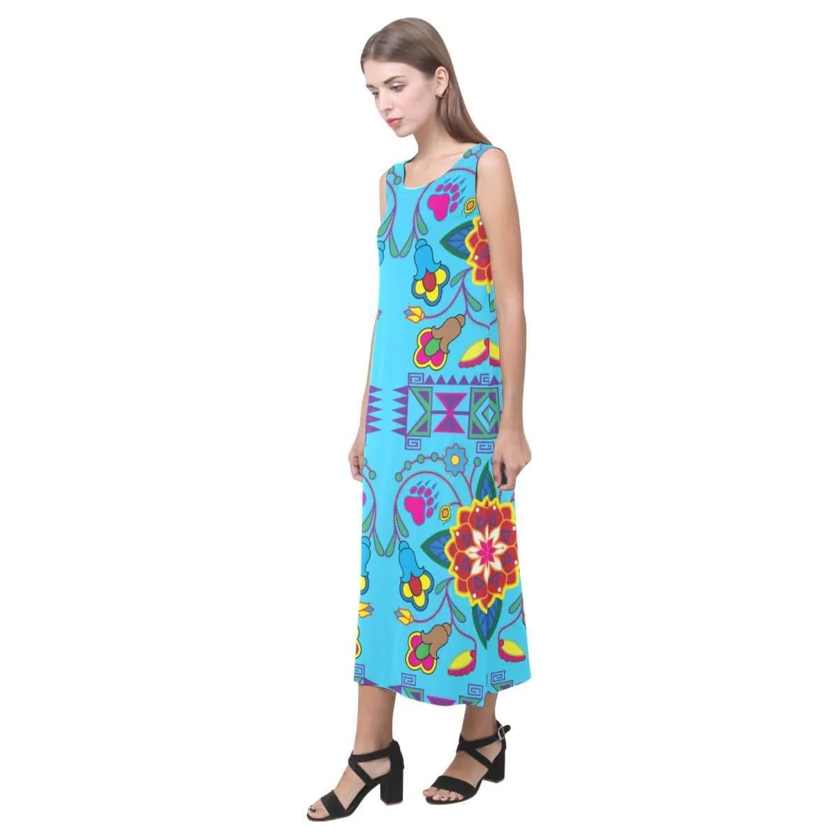 Geometric Floral Winter - Sky Blue Phaedra Sleeveless Open Fork Long Dress