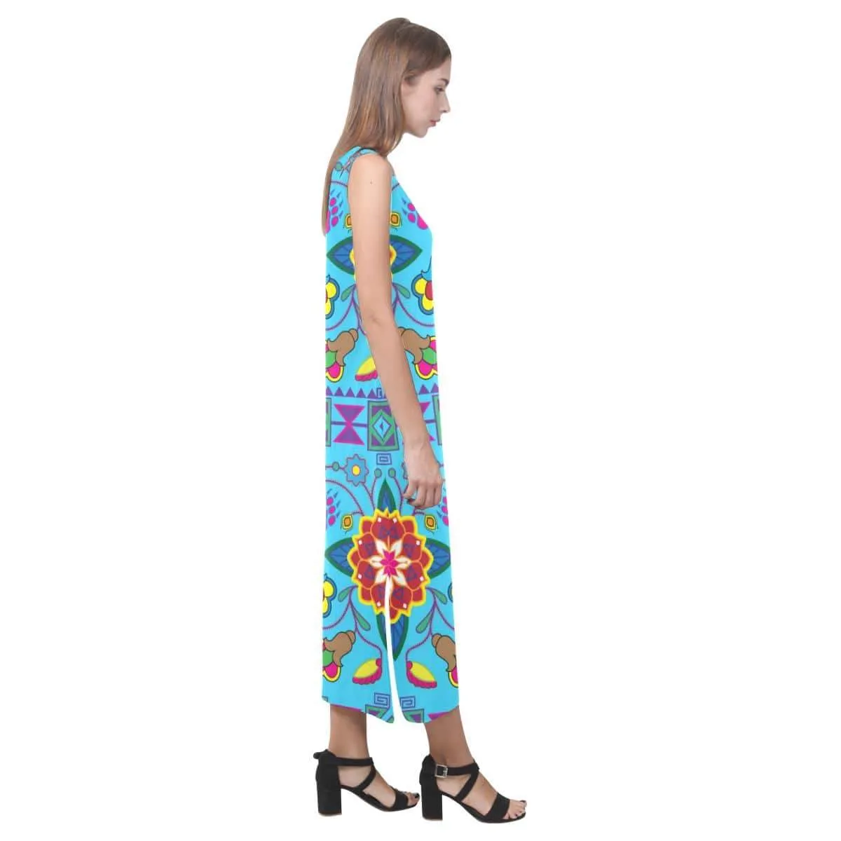Geometric Floral Winter - Sky Blue Phaedra Sleeveless Open Fork Long Dress