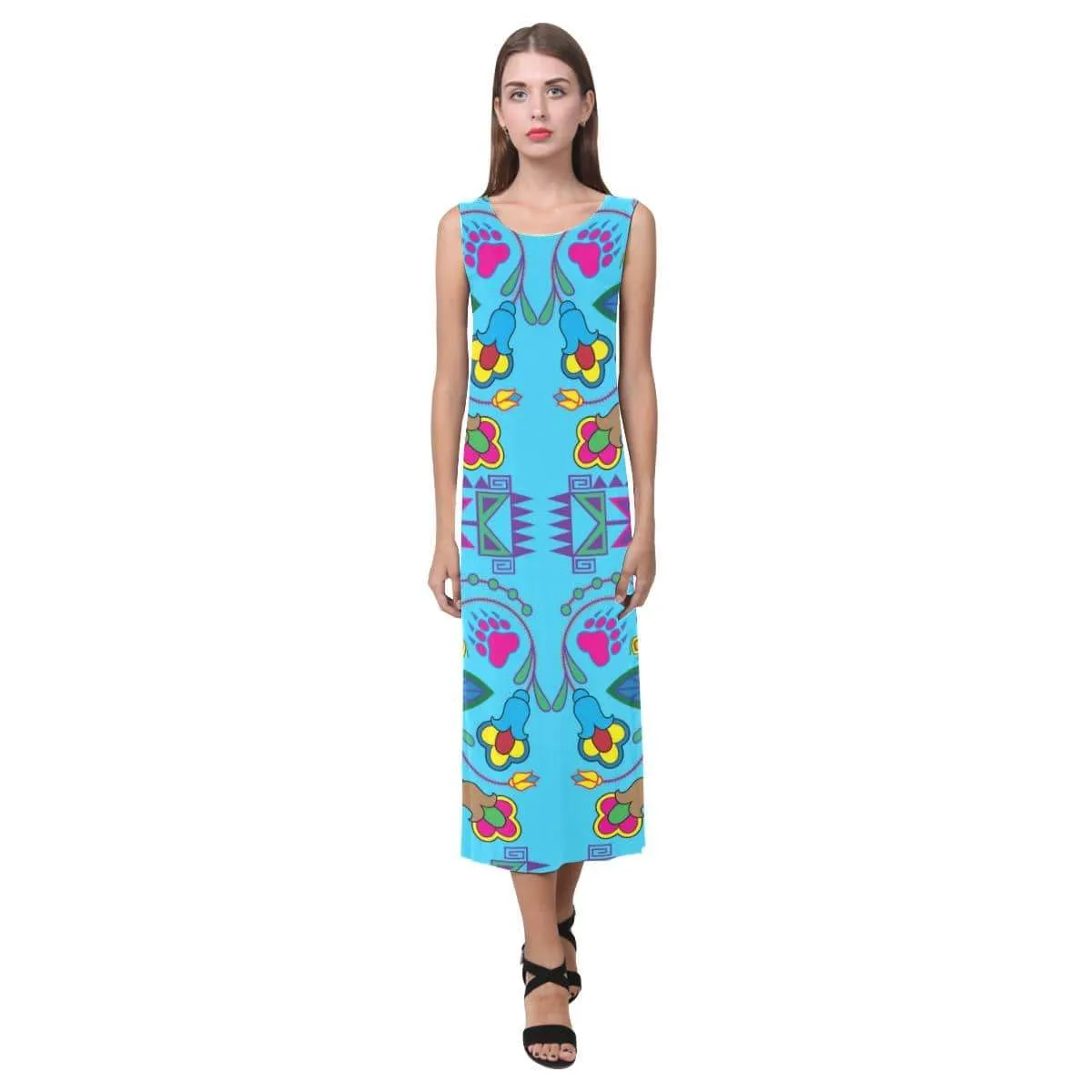 Geometric Floral Winter - Sky Blue Phaedra Sleeveless Open Fork Long Dress