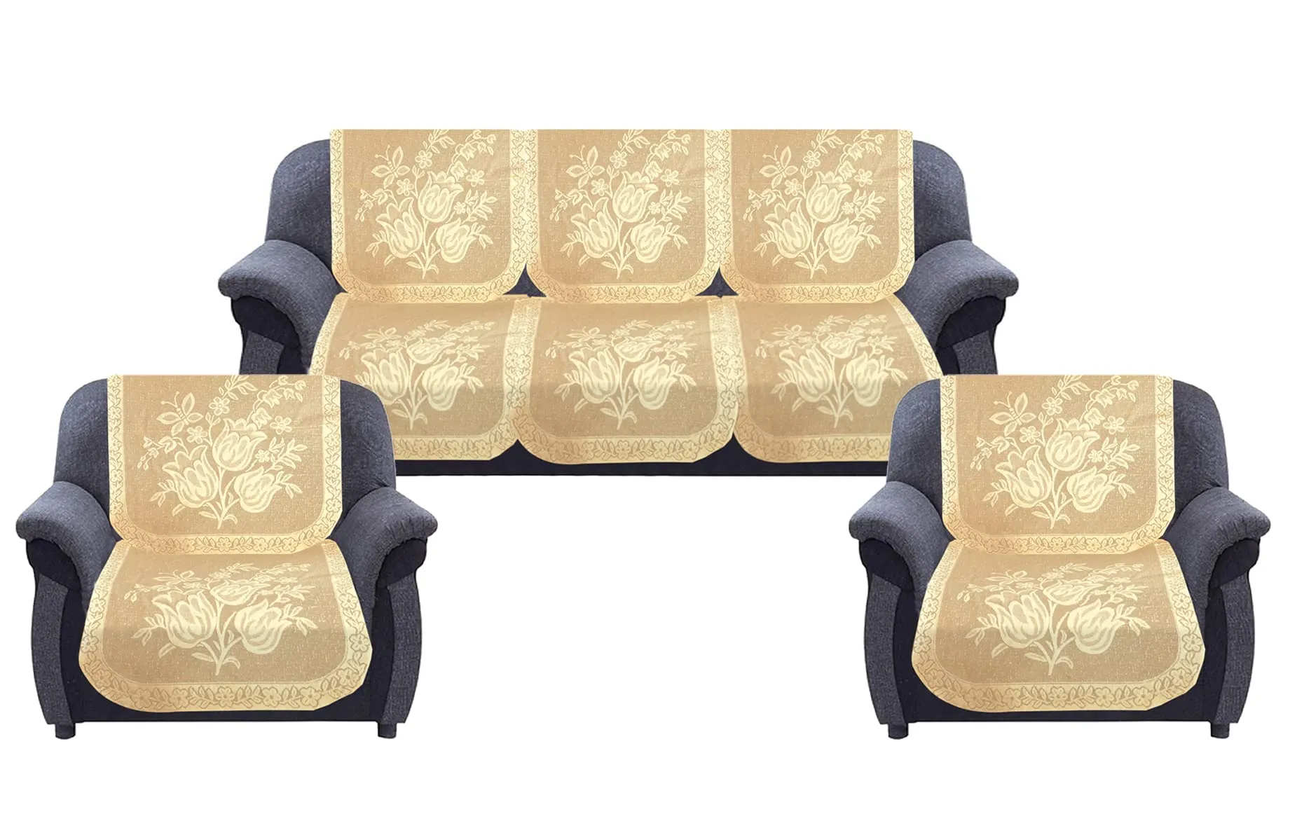 Heart Home Flower Printed 5 Seater Cotton Sofa Cover Set (Cream)-44HH0525