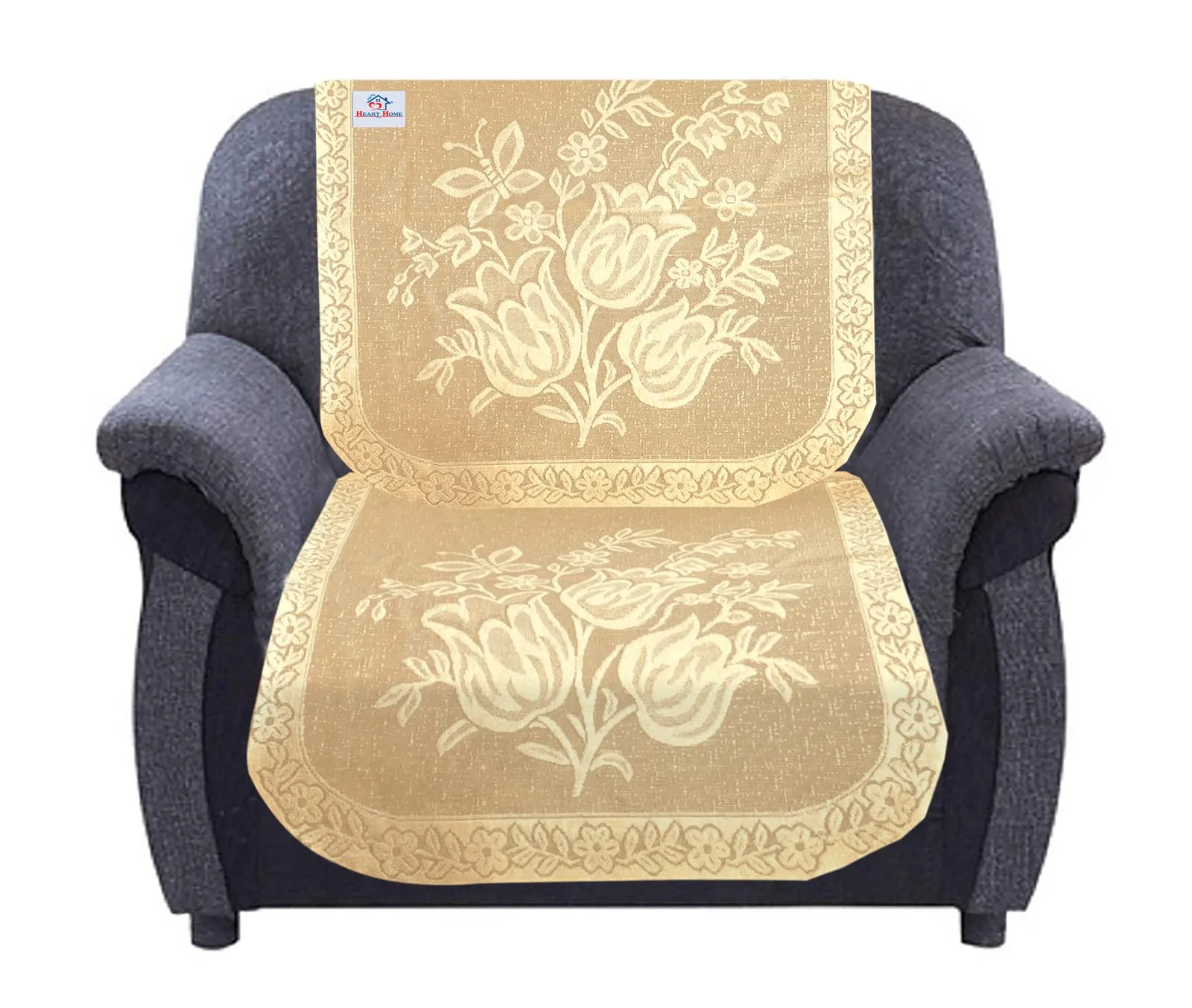 Heart Home Flower Printed 5 Seater Cotton Sofa Cover Set (Cream)-44HH0525