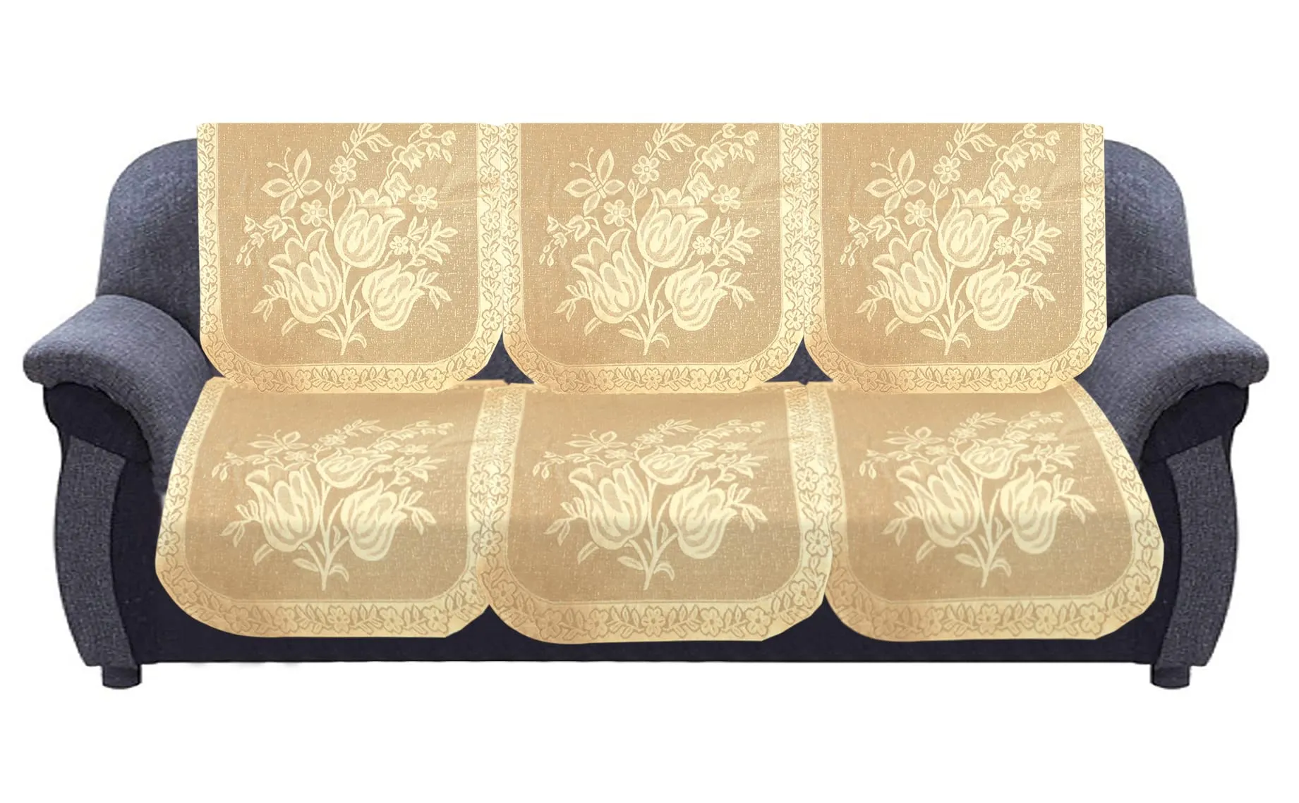 Heart Home Flower Printed 5 Seater Cotton Sofa Cover Set (Cream)-44HH0525