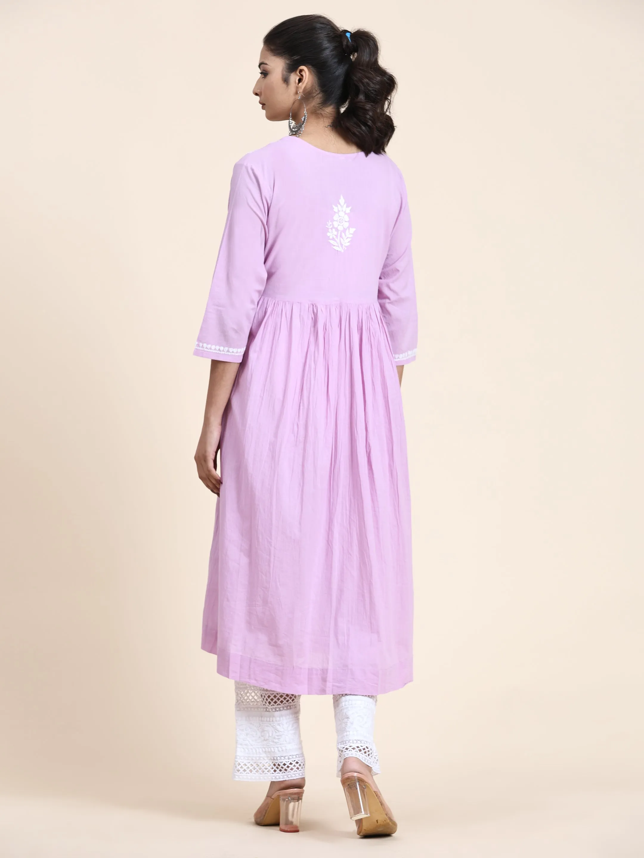 HOK Chikankari Anarkali Kurti for Women - Lavender