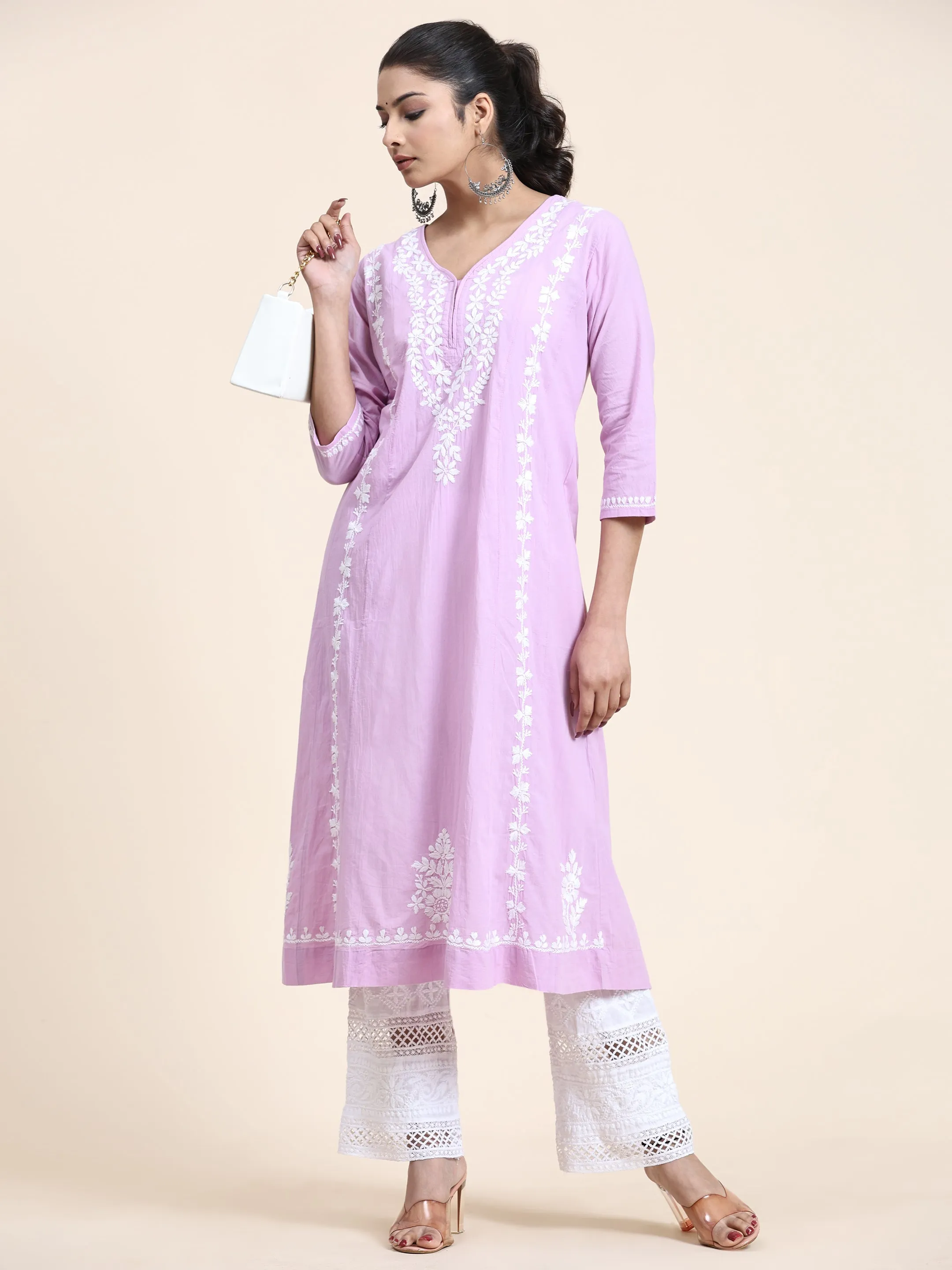 HOK Chikankari Anarkali Kurti for Women - Lavender