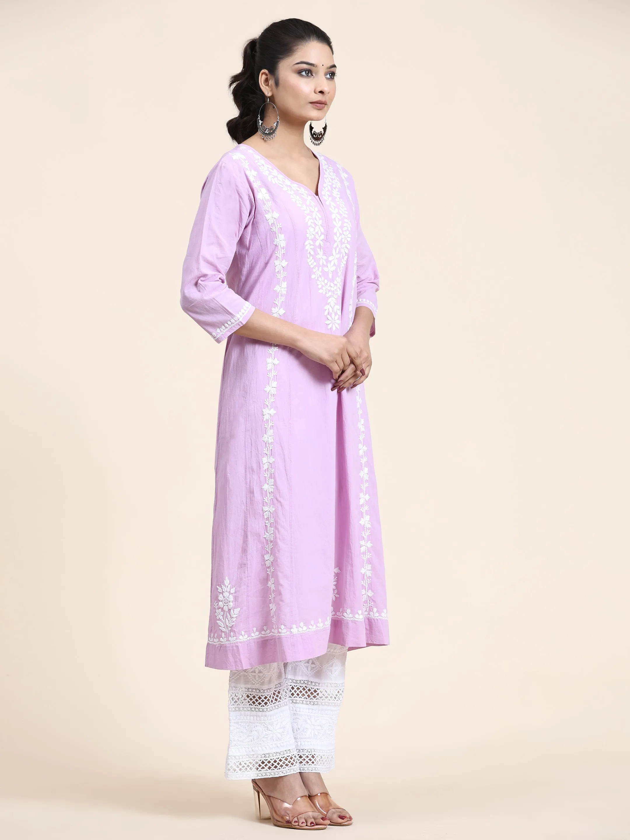 HOK Chikankari Anarkali Kurti for Women - Lavender