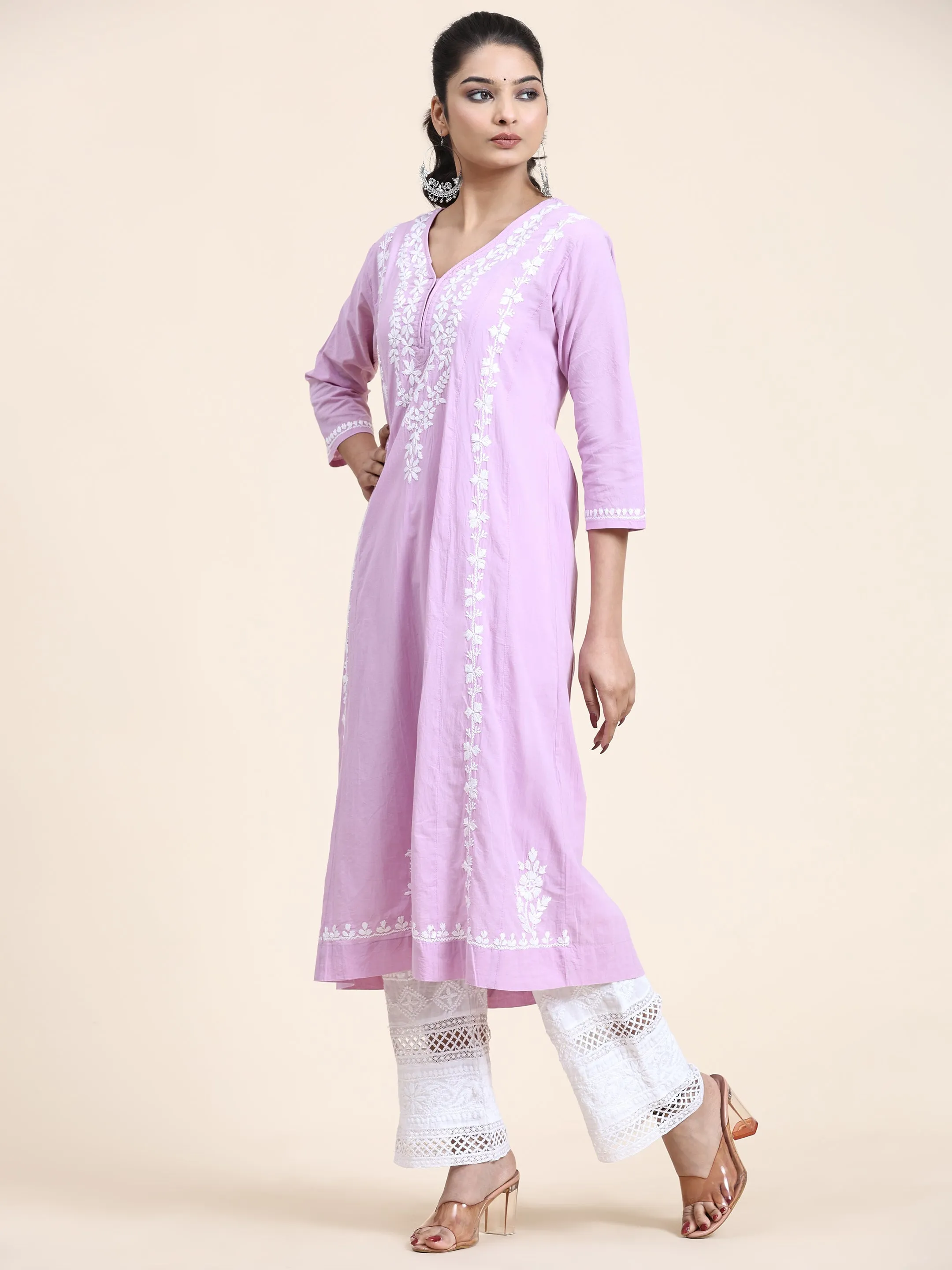 HOK Chikankari Anarkali Kurti for Women - Lavender
