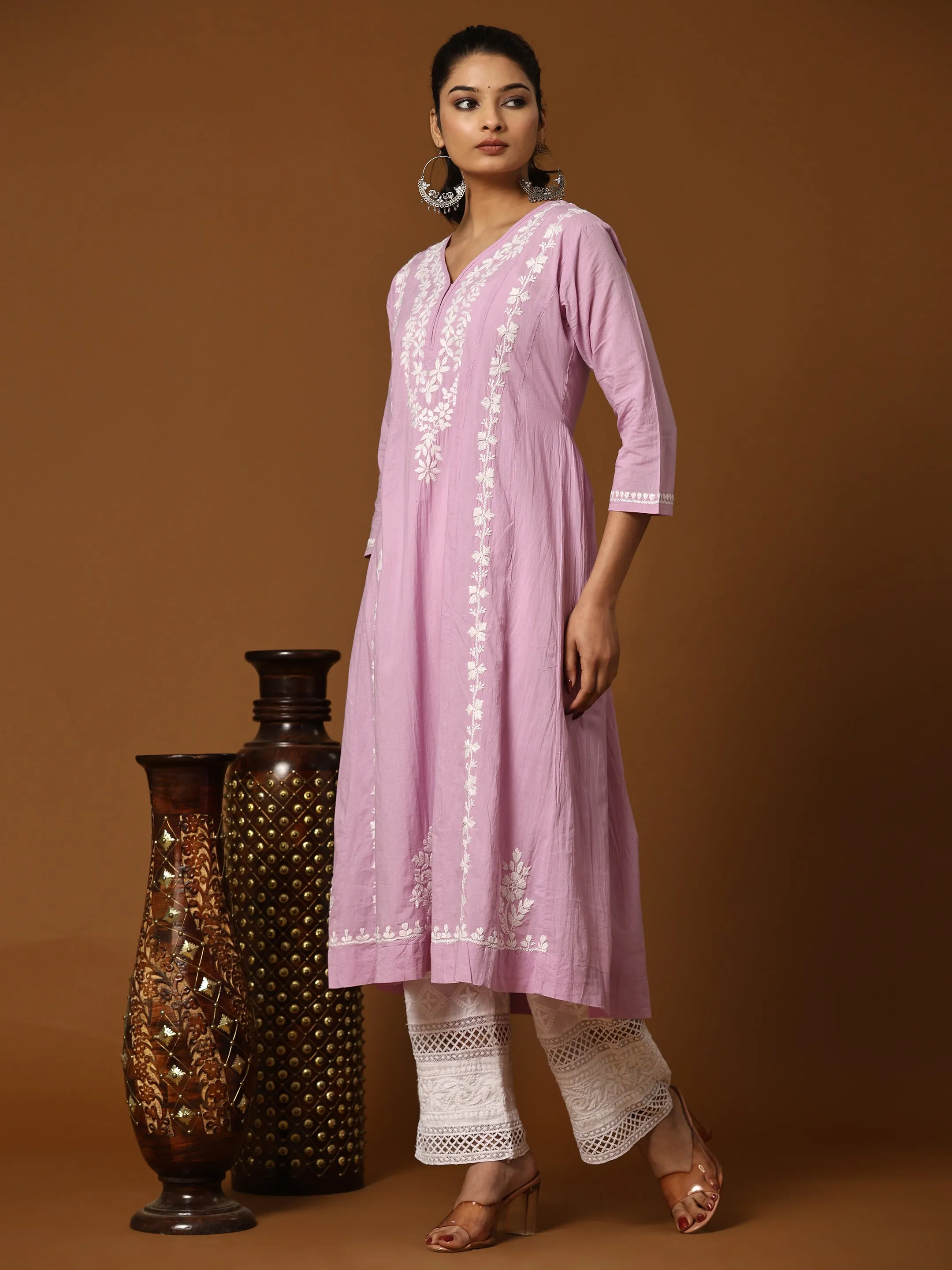 HOK Chikankari Anarkali Kurti for Women - Lavender