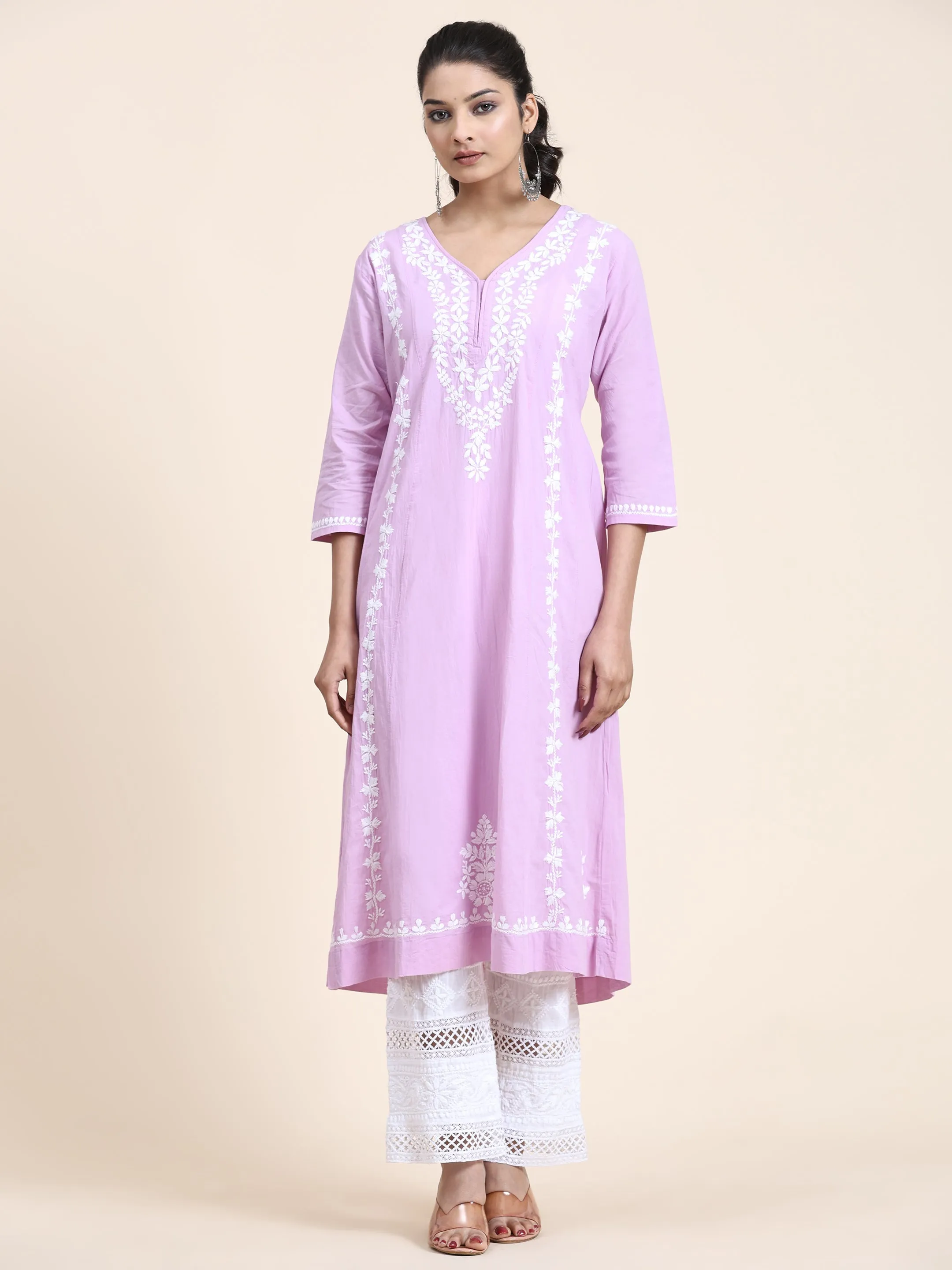 HOK Chikankari Anarkali Kurti for Women - Lavender
