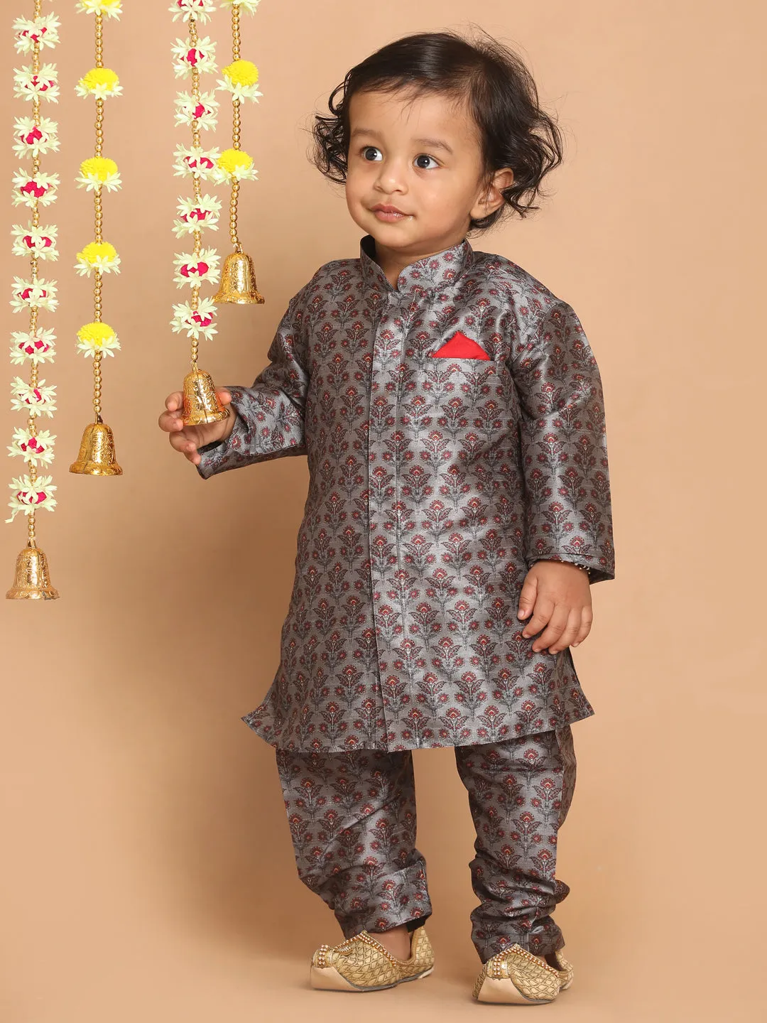 Jashvi Boy's Grey Floral Printed Kurta And Pyjama Set