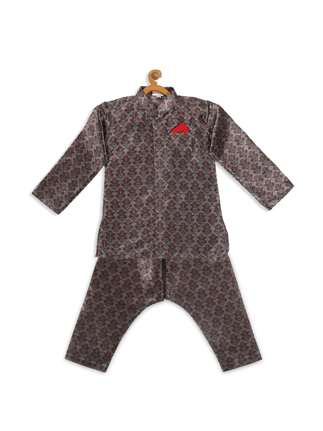 Jashvi Boy's Grey Floral Printed Kurta And Pyjama Set
