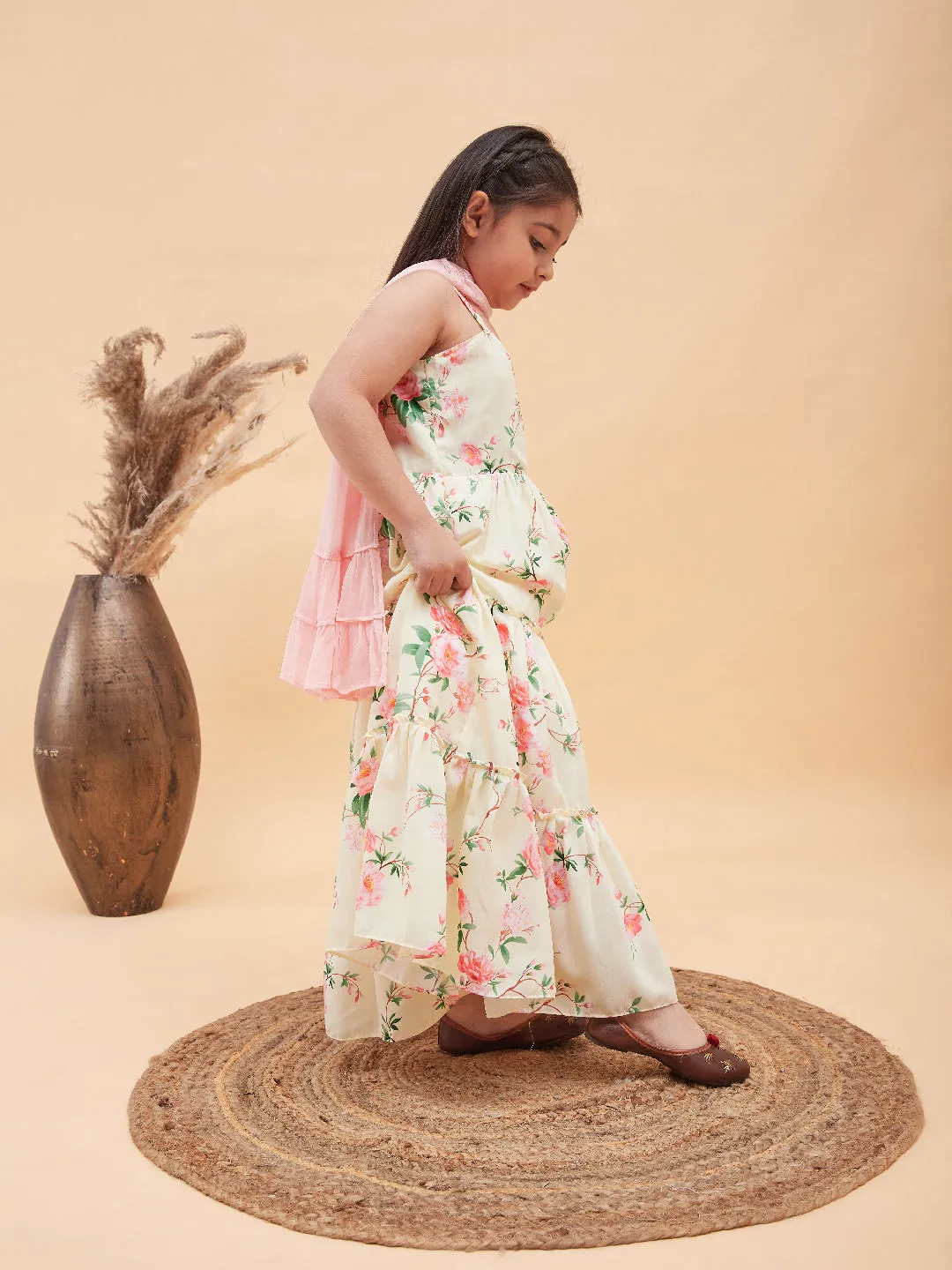 Jashvi Girl's Light Yellow Floral Print Anarkali With Pink Dupatta
