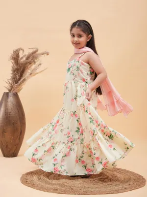Jashvi Girl's Light Yellow Floral Print Anarkali With Pink Dupatta