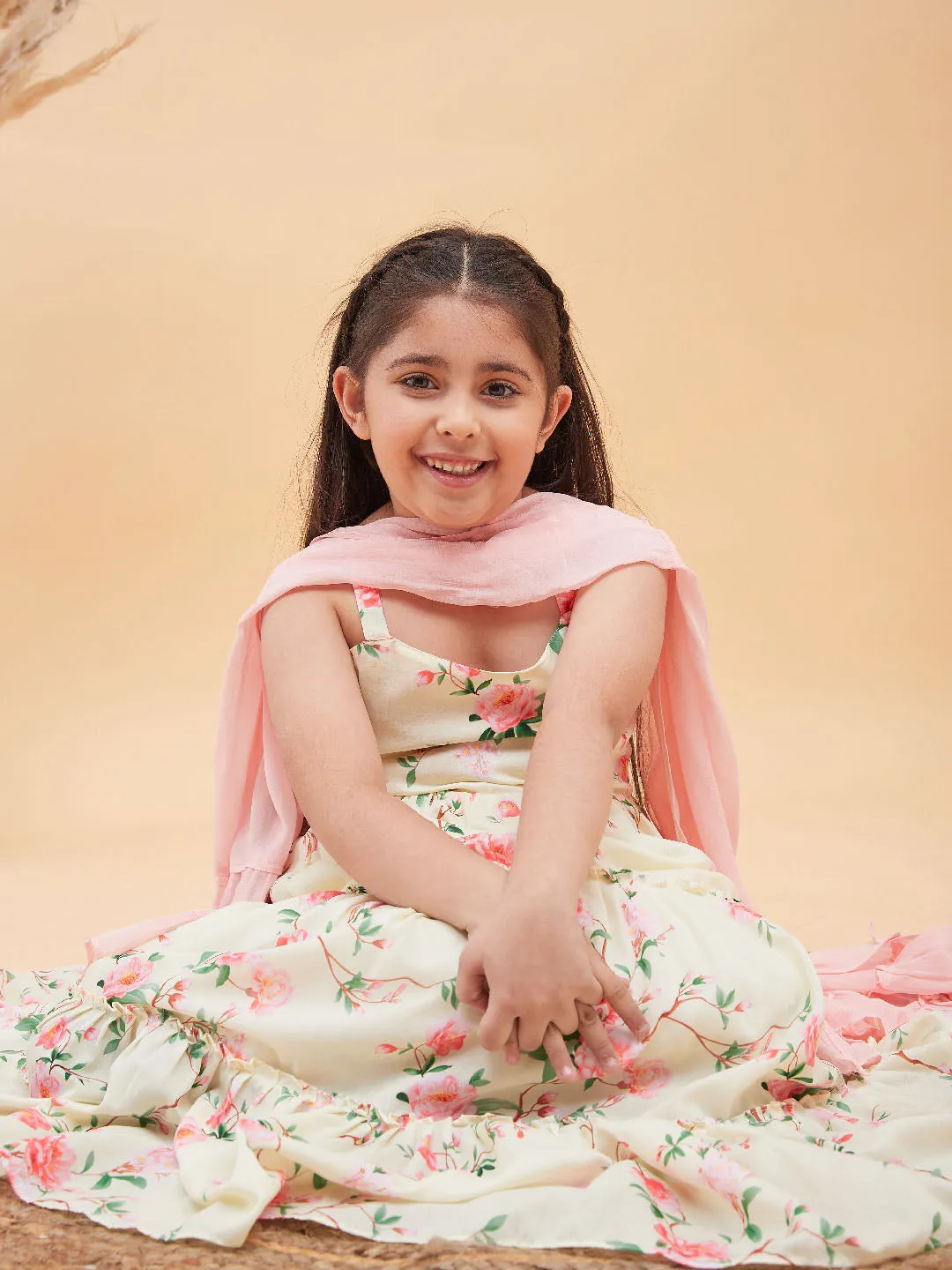 Jashvi Girl's Light Yellow Floral Print Anarkali With Pink Dupatta