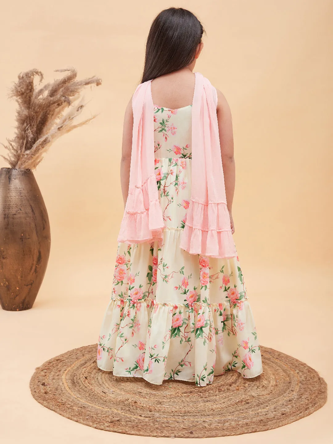 Jashvi Girl's Light Yellow Floral Print Anarkali With Pink Dupatta