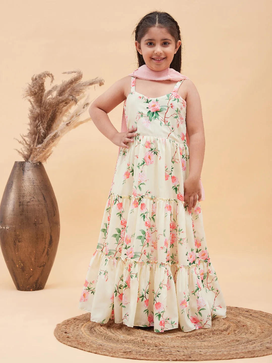 Jashvi Girl's Light Yellow Floral Print Anarkali With Pink Dupatta