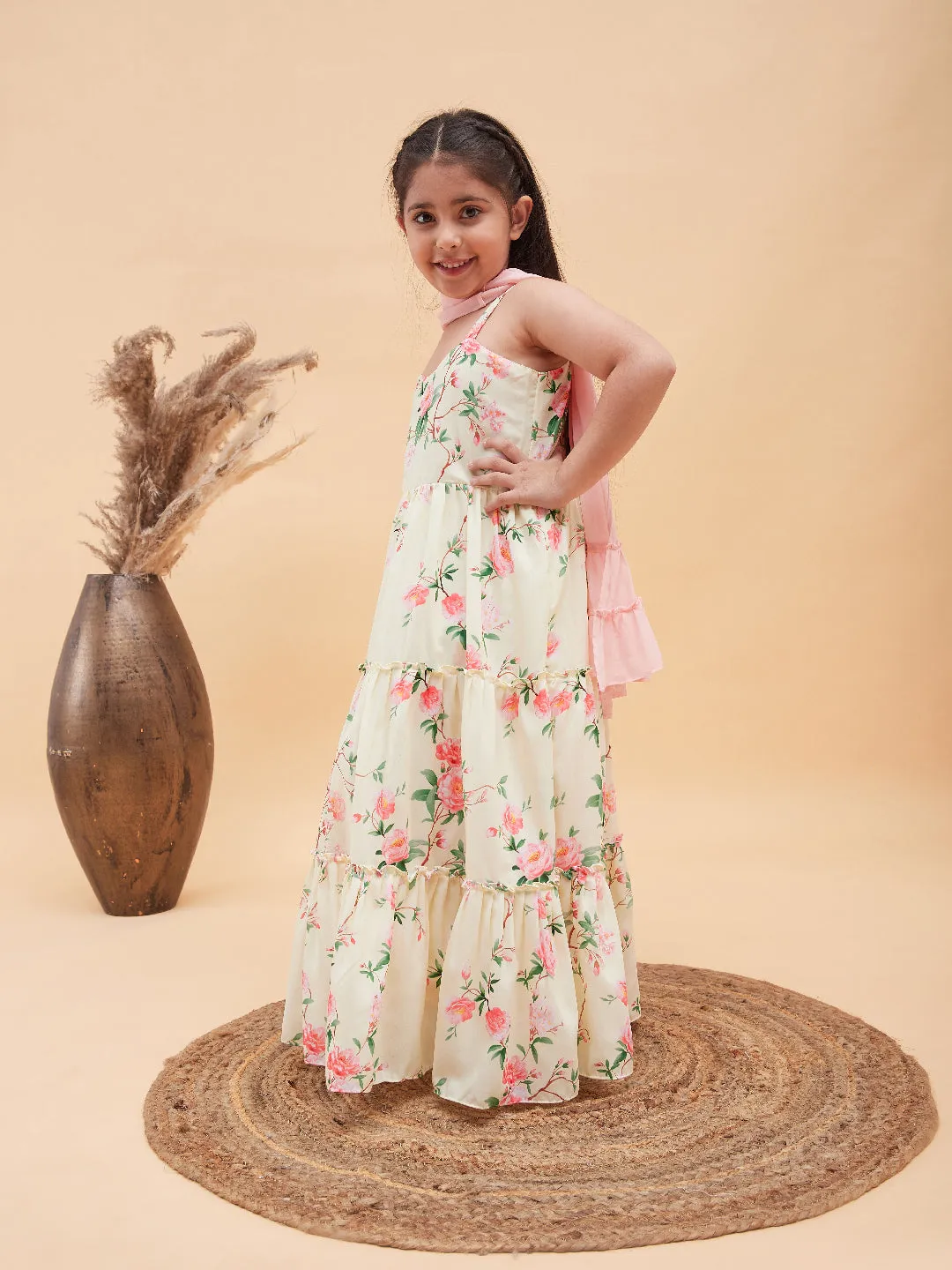 Jashvi Girl's Light Yellow Floral Print Anarkali With Pink Dupatta