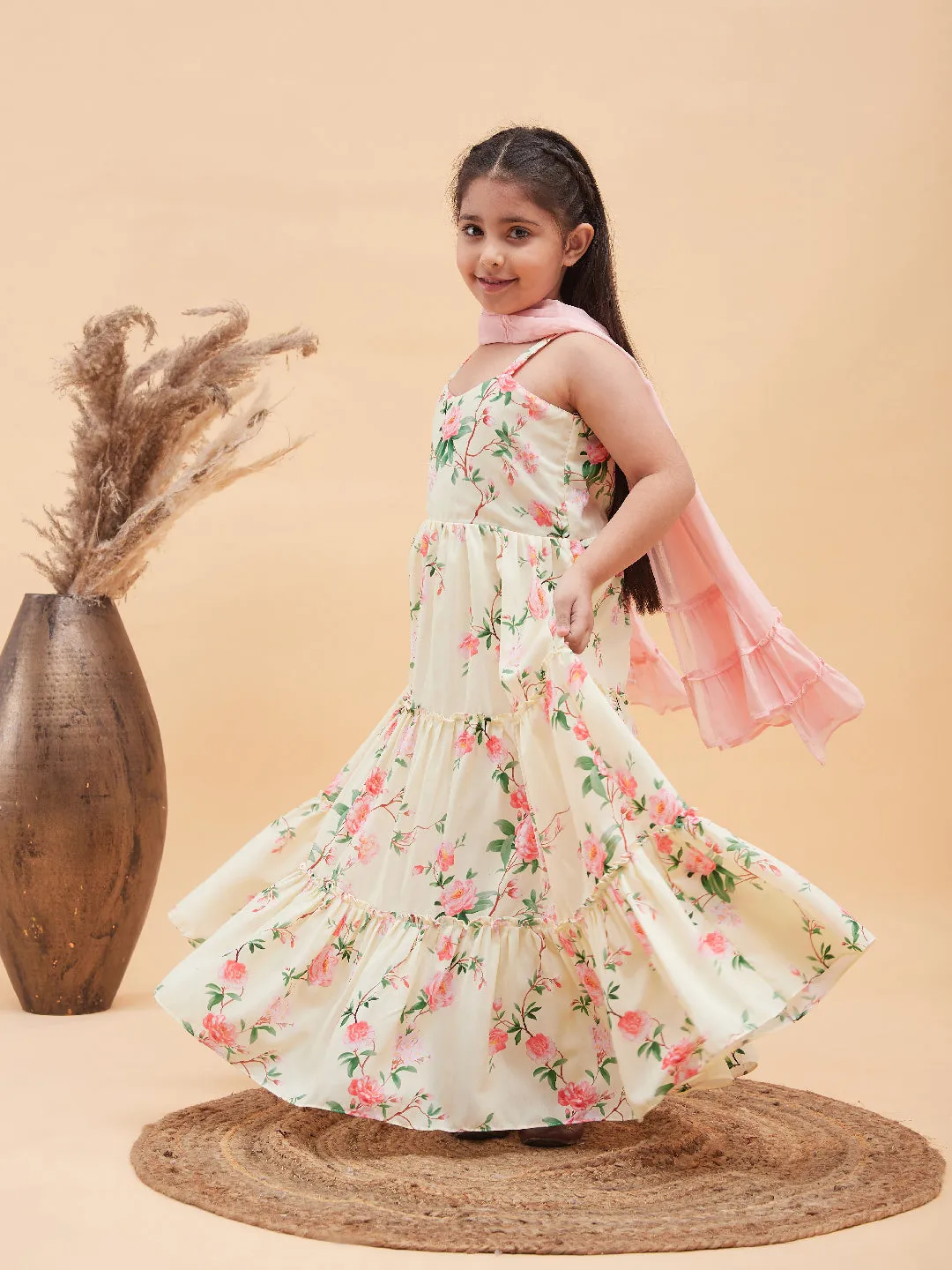 Jashvi Girl's Light Yellow Floral Print Anarkali With Pink Dupatta