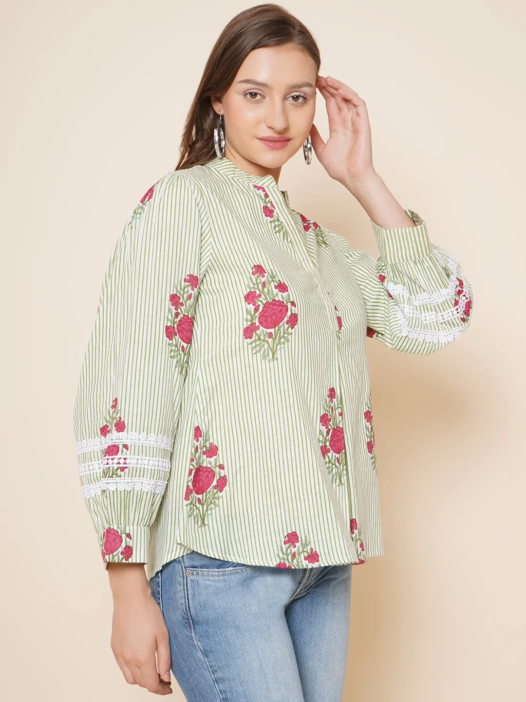 Jashvi Green Stripe Floral Printed Shirt Style Top