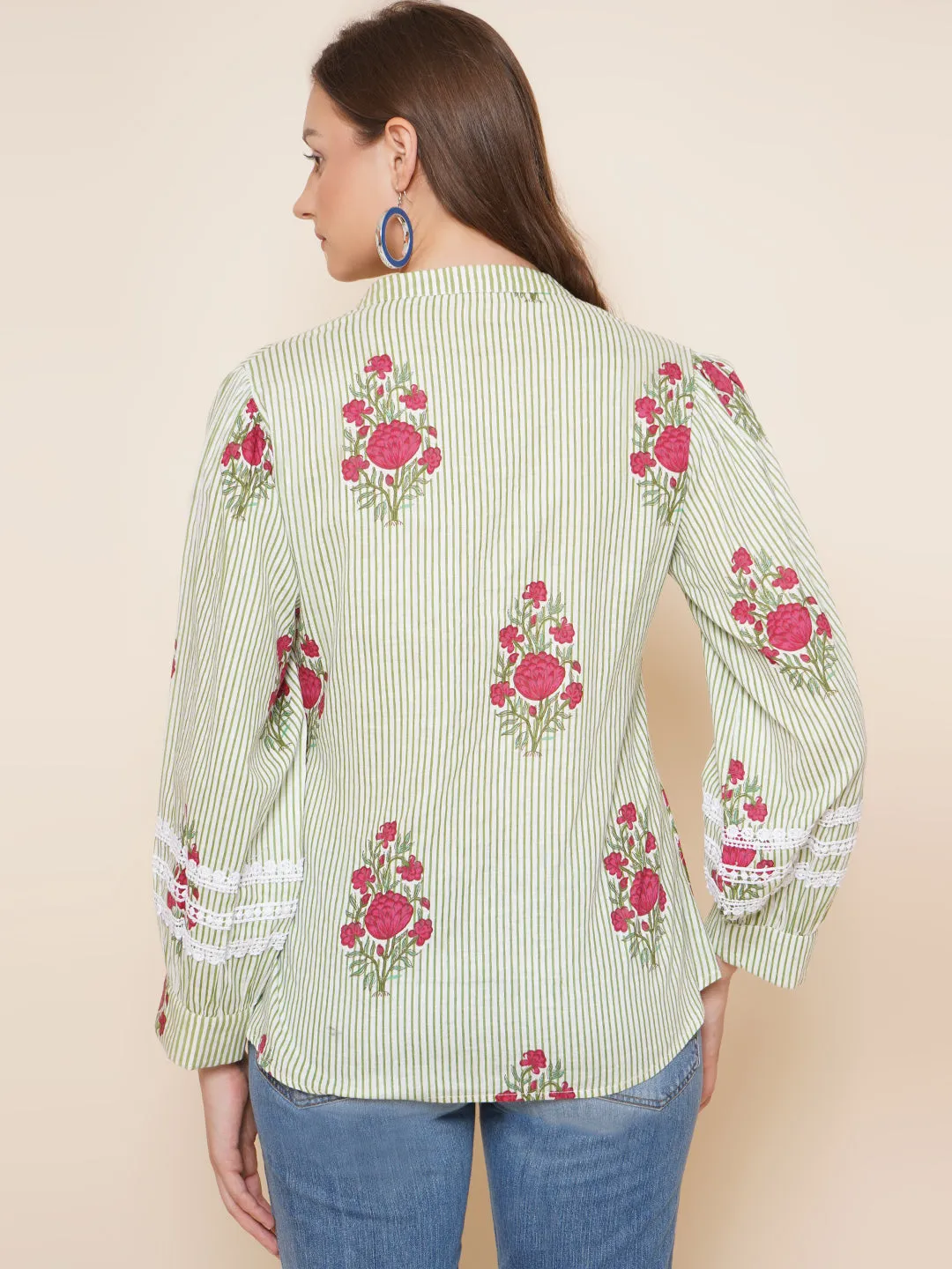 Jashvi Green Stripe Floral Printed Shirt Style Top