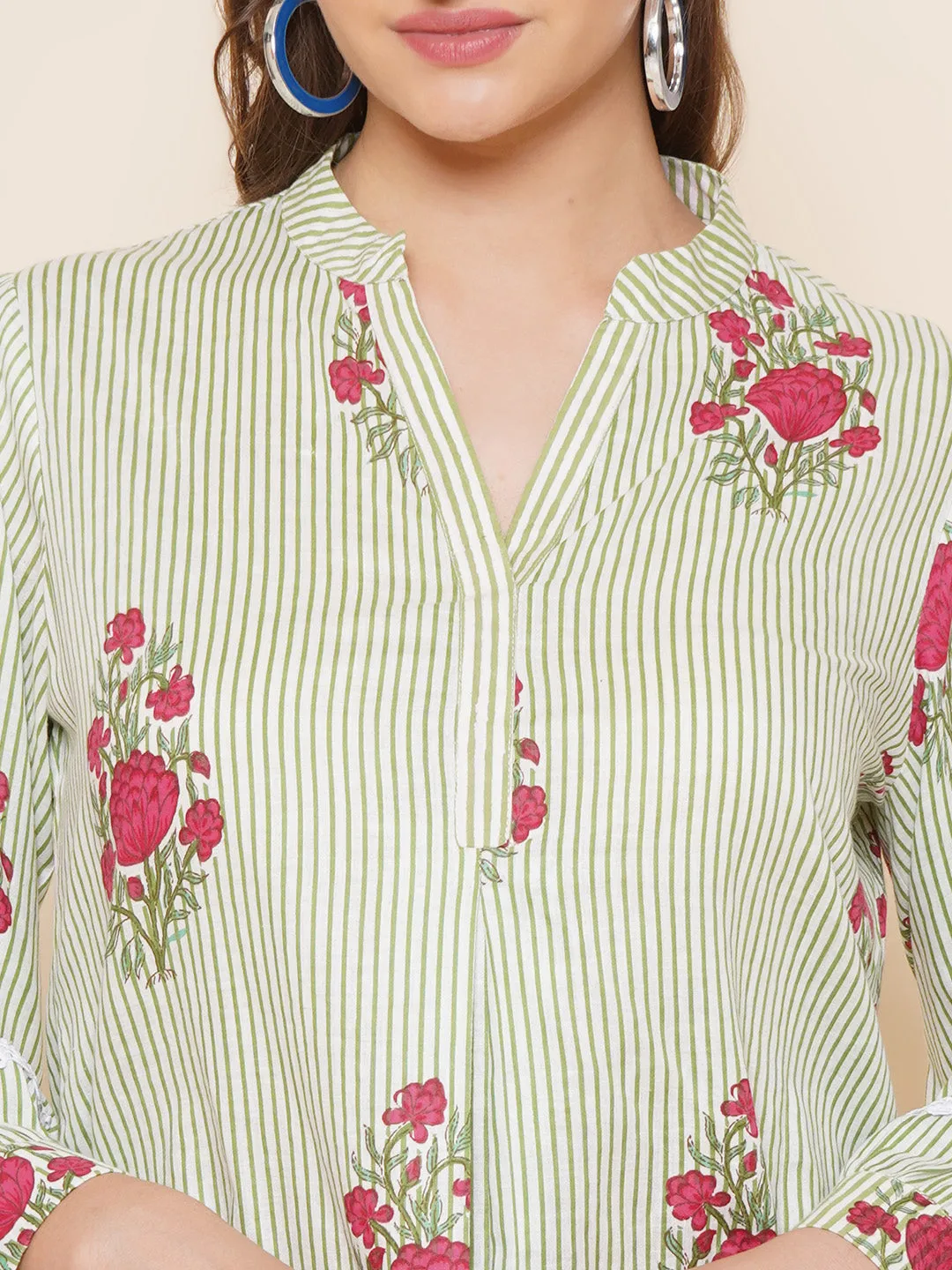 Jashvi Green Stripe Floral Printed Shirt Style Top
