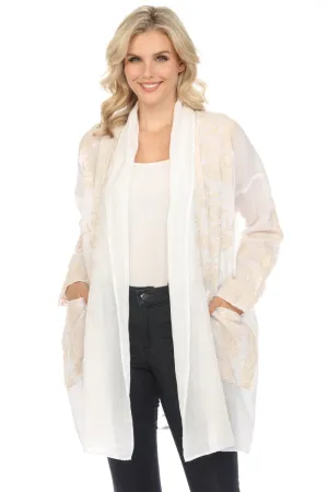 Johnny Was Workshop White Embroidered Open Front Kimono Boho Chic W45524