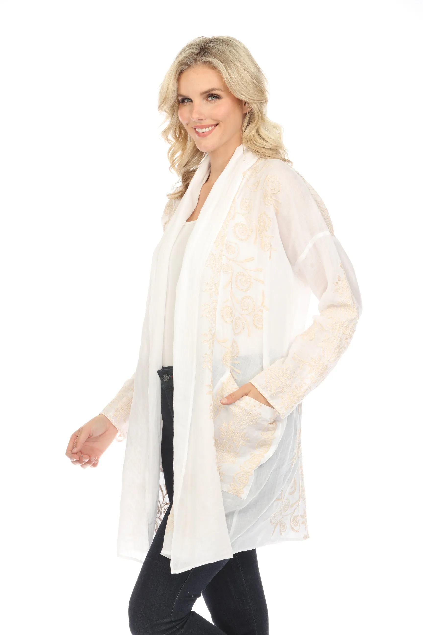 Johnny Was Workshop White Embroidered Open Front Kimono Boho Chic W45524